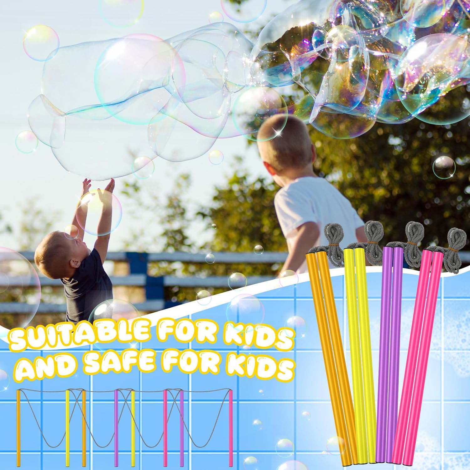 Meooeck 12 pcs Giant Bubble Wands Big Bubble Maker for Outdoor Toys for Adults Boys Girls Birthday Party Favor Lawn Park Beach Summer Activities(Orange, Yellow, Rose Red, Purple)
