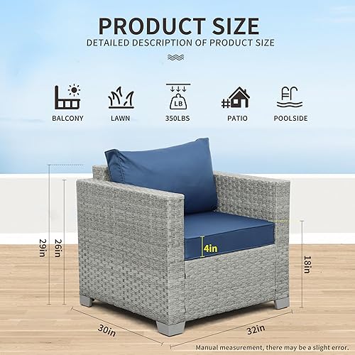 Miniatura 2 de WAROOM Juego de 2 sillas de mimbre para patio, sofá al aire libre, silla individual de ratán gris, sillón de asiento profundo, muebles de balcón con