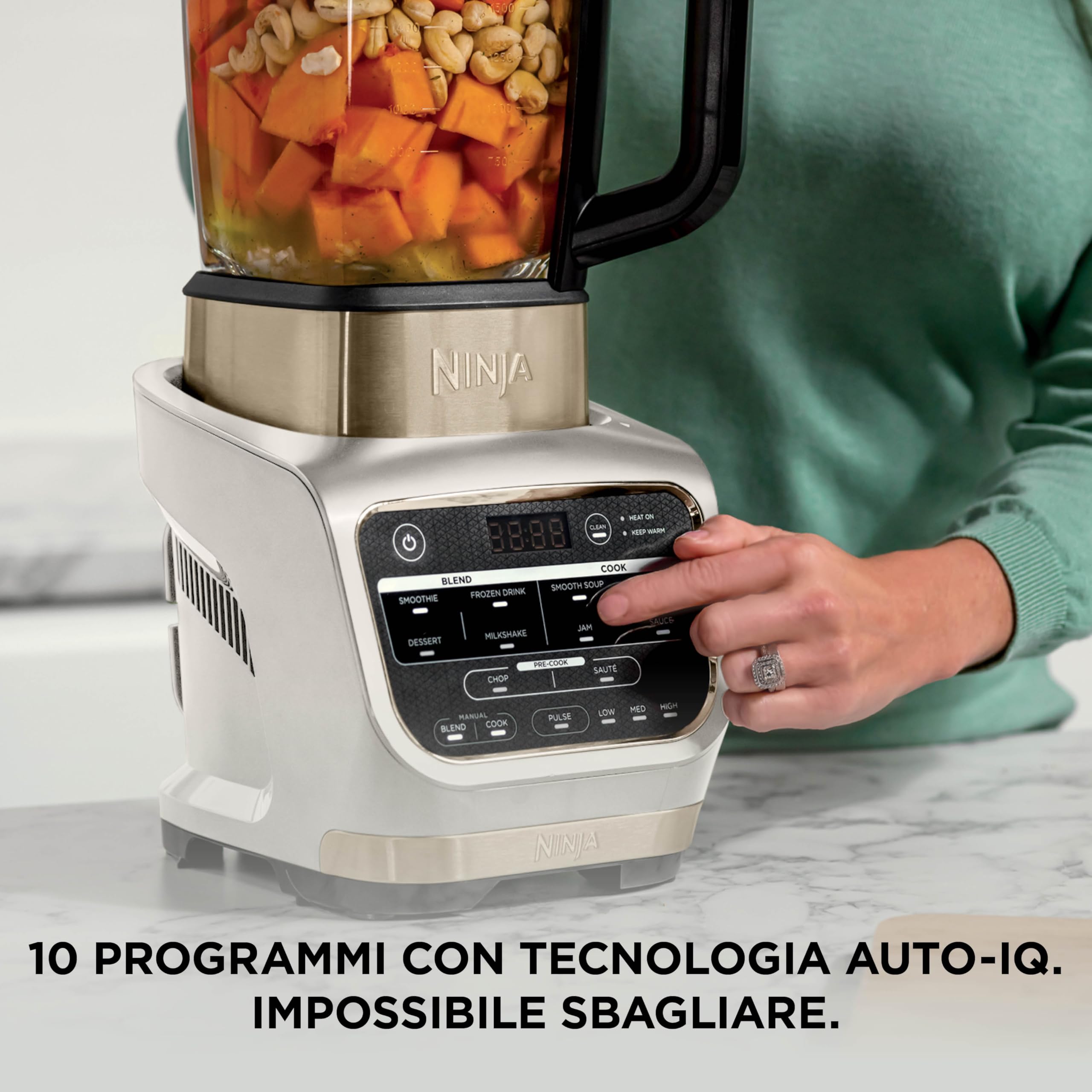 Ninja Foodi Frullatore Soup Maker, 1000W, caraffa in vetro 1,7L, 10 programmi, per cibo caldo e freddo, elemento riscaldante incorporato, programma di pulizia e spazzola, pietra oro, HB150EUSTGD