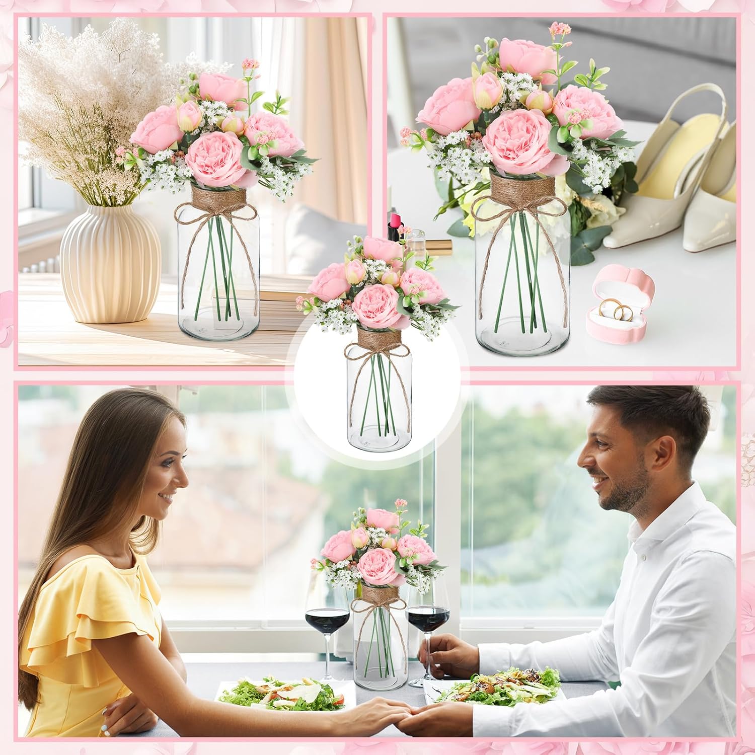 Zeyune 6 Sets Mason Jar Table Centerpiece with Artificial Peony Baby's Breath Flower Centerpieces Faux Flowers with Rope for Wedding Reception Engagement Bridal Shower Rustic Table Decor(Light Pink)