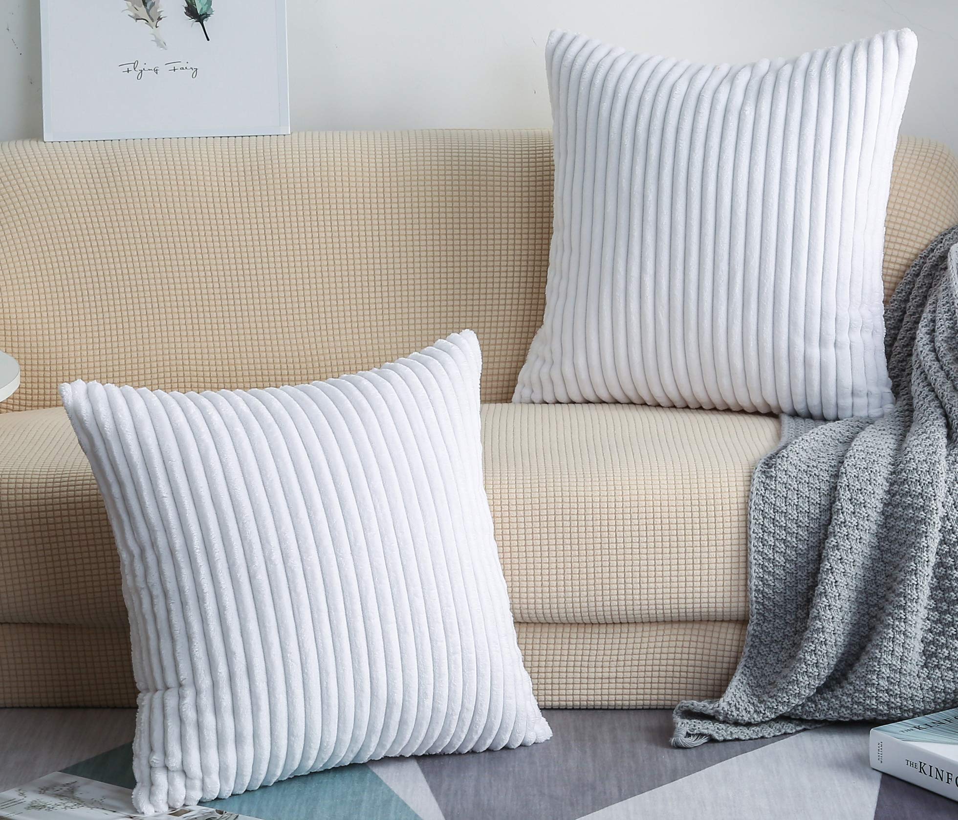 TangDepot, Set of 2 Soft Plush Velvet Big Striped Corduroy Solid Decorative Throw Pillow Covers, Square Pillow Covers - (12"x12" 2 Pieces, A15 White)