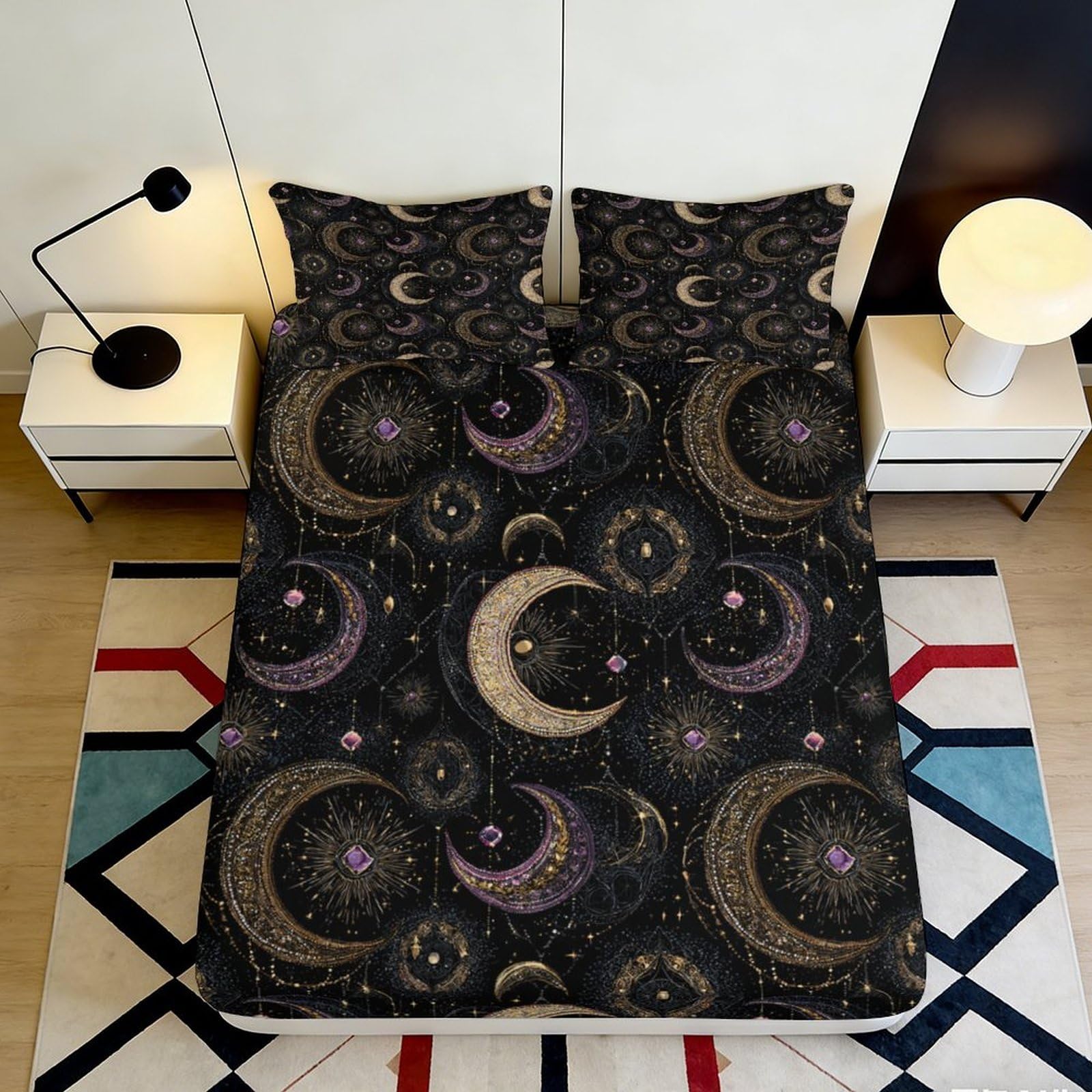 3D Printed Galaxy Moon Fitted Sheet Microfiber Soft Breathable Cosmic Pattern Bed Cover for Bedroom Dormitory Guest Room Mattress Protection 120x200x25cm