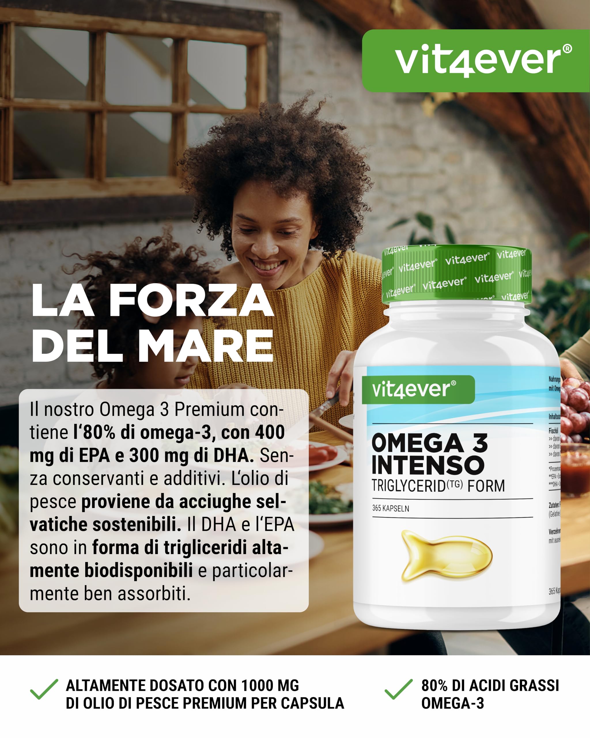 vit4ever Premium Omega 3 con l'80% di Acidi Grassi - 365 Capsule | 1000 mg di Olio di Pesce per Capsula con EPA e DHA - Forma di Trigliceridi