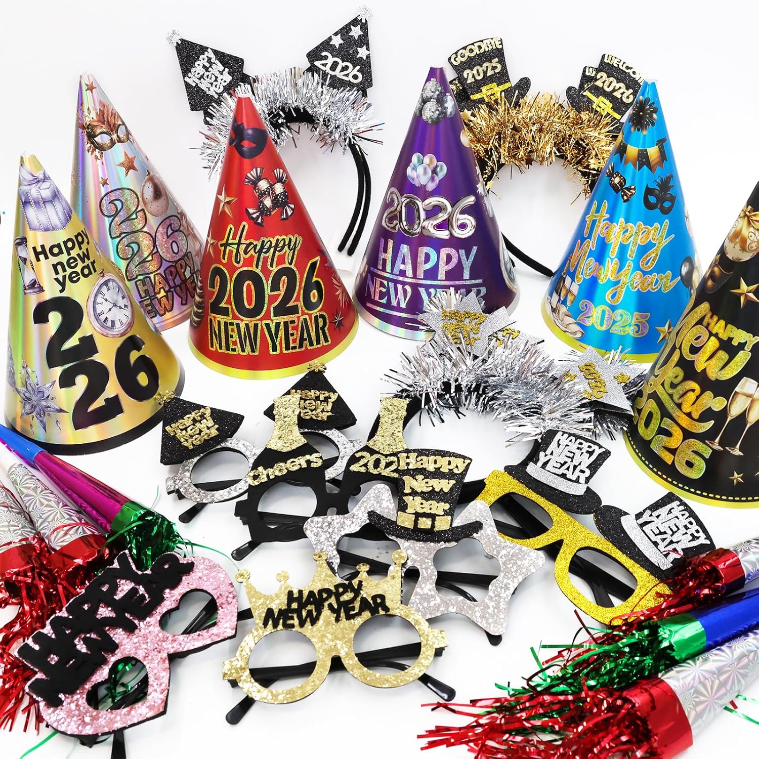 ceiba tree Happy New Years Eve Party Favors Accessories NYE Supplies 2026 New Year Party 6 Paper Hats 6 Felt Headbands 6 Felt Plastic Frame Glasses 6 Noisemakers - Image 7