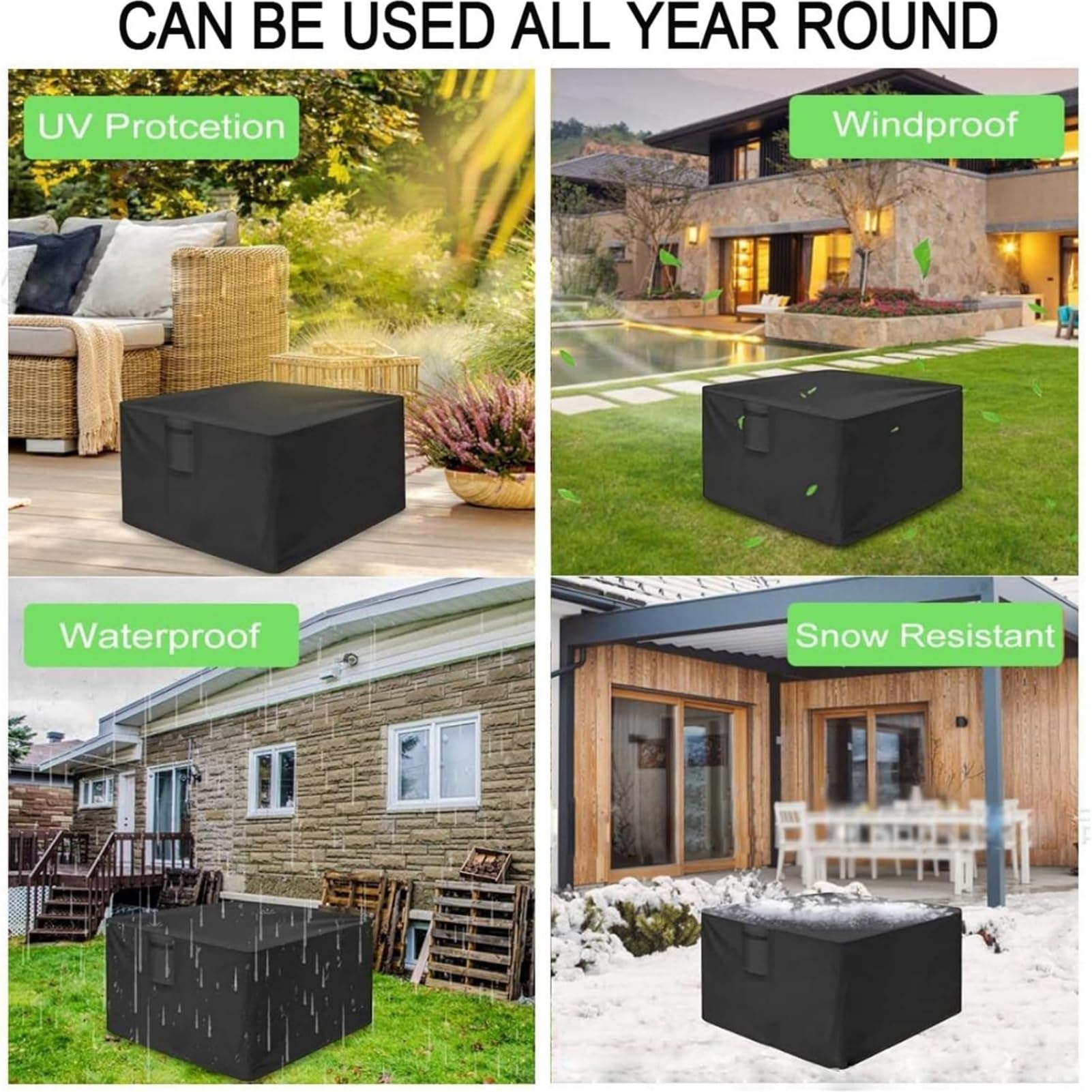 Feuerstelle Abdeckung Quadratisch - Premium Wasserdichte & Winddichte Schutzhülle Aus 420D Oxford Gewebe Für Gas-Feuertisch, Terrasse Und Gartenmöbel (82x82x61cm,Schwarz 600D)