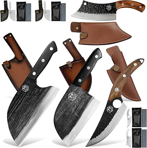 XYJ Cuchillos de cocina de espiga completa para acampar cuchillos de acero inoxidable para verduras con llevar cuchillo de cuero funda cuchillos