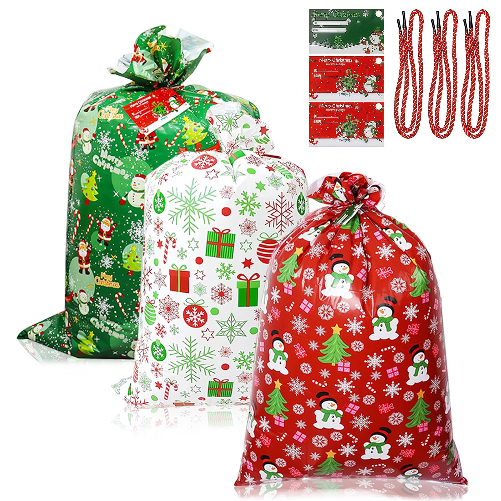 3pcs Jumbo Christmas Sacks for Gift,36x56" Extra Large Gift Christmas Bag with Tags Rope，Strong,Snowman,Santa Claus,Snowflake 3 Style Enormous Bags,Giant Xmas Bags Sacks Large for Presents Party Favor