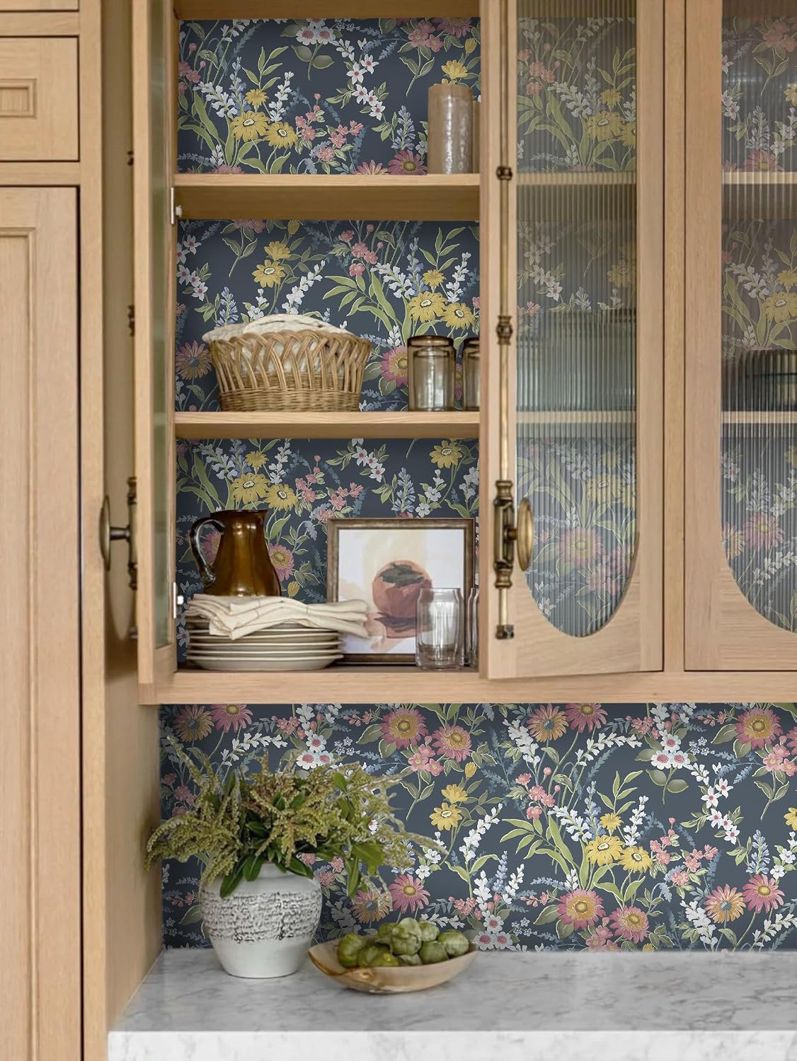 Dimoon 197"x17.3" Vintage Wallpaper Floral Peel and Stick Wallpaper Boho Contact Paper Dark Blue Cute Flower Removable Wall Paper Renter Friendly Kitchen Shelf Liner Bathroom Self Adhesive Vinyl Roll