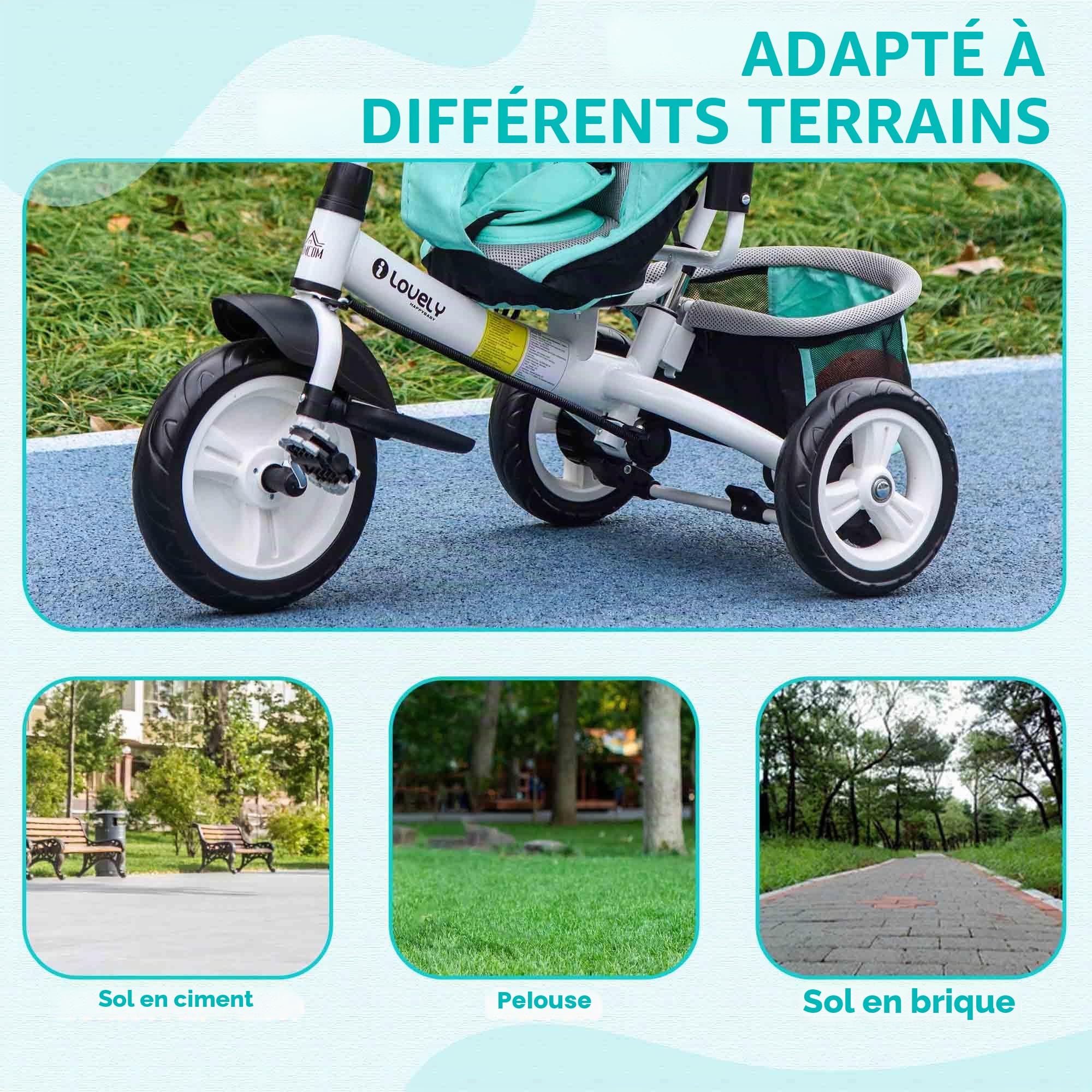 HOMCOM Tricycle 6 en 1 avec Barre de poussée, Tricycle pour Enfants avec Toit Solaire Amovible, Coussin, vélo d'exercice avec Ceinture de sécurité 5 Points, Panier, Porte-gobelet, pour Enfants de 1 à