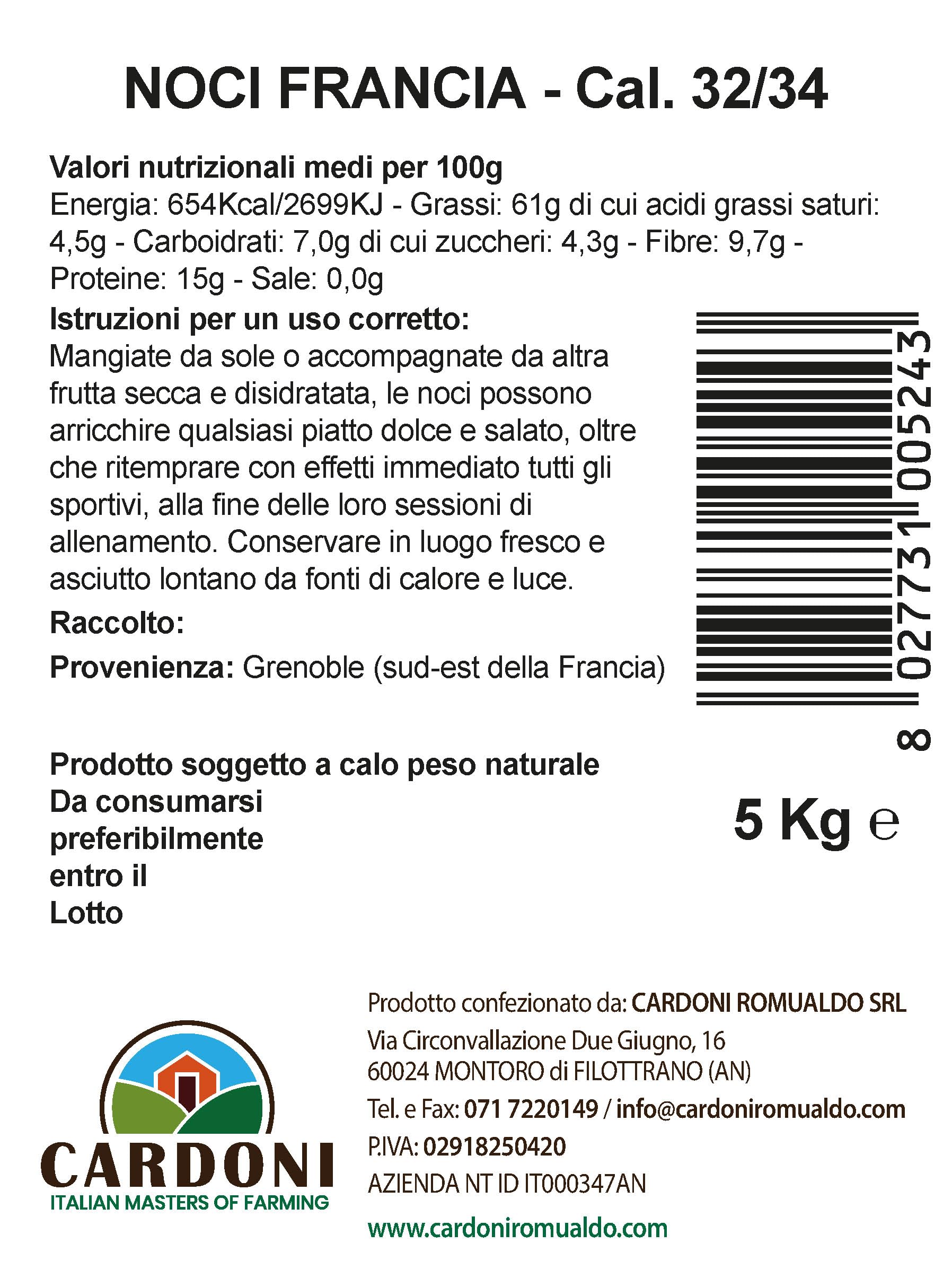 Il Contadino - Antichi Sapori | NOCI | Frutta Secca di Qualità Premium, Al Naturale, No Conservanti (5 Kg, Calibro 32/34)