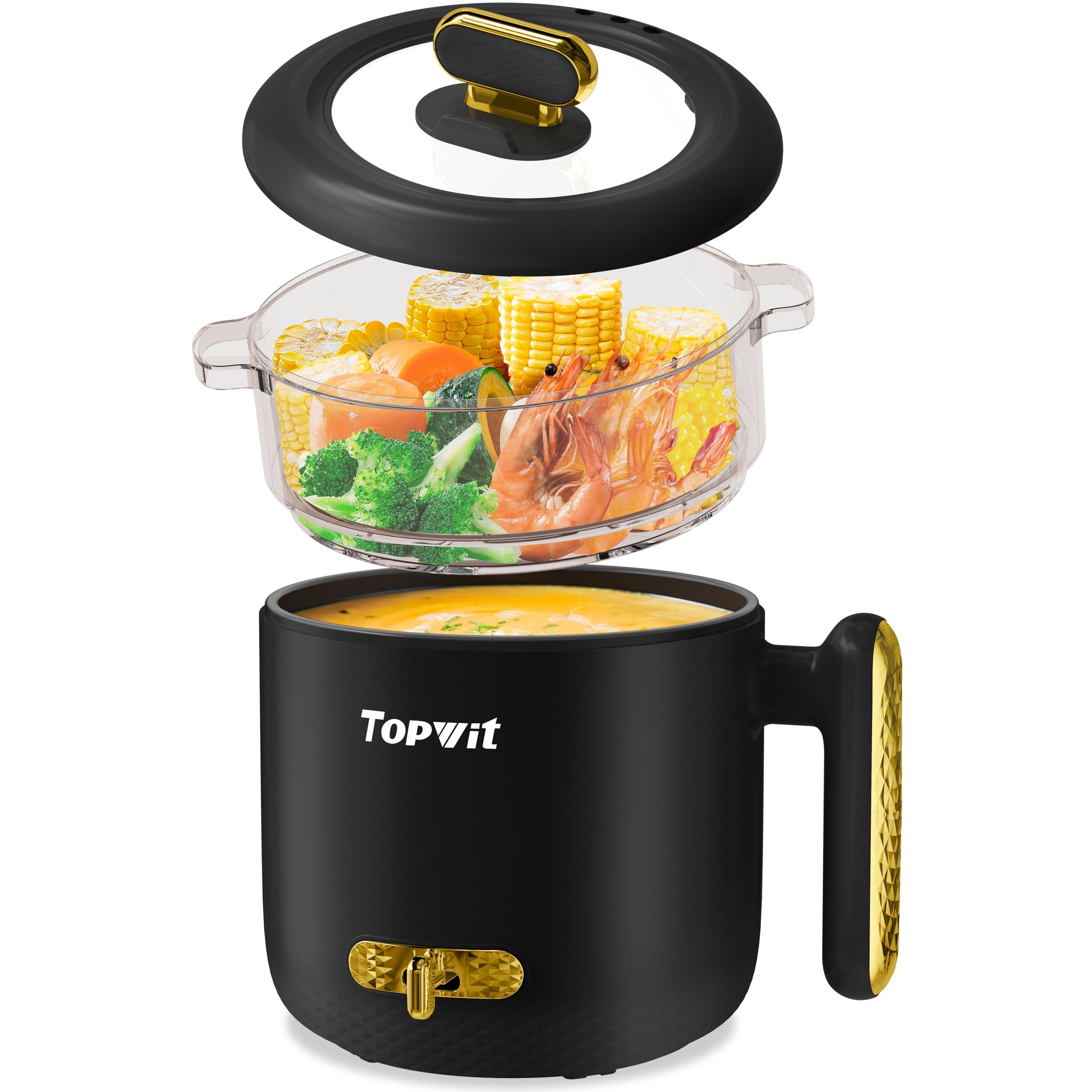 Topwit Hot Pot Electric with Steamer, 1.8L Ramen Cooker, Portable Electric Pot for Cooking, Multifunctional Cooker for Steak, Egg, Soup, Noodle with Power Adjustment, Dorm Room Essential, Black
