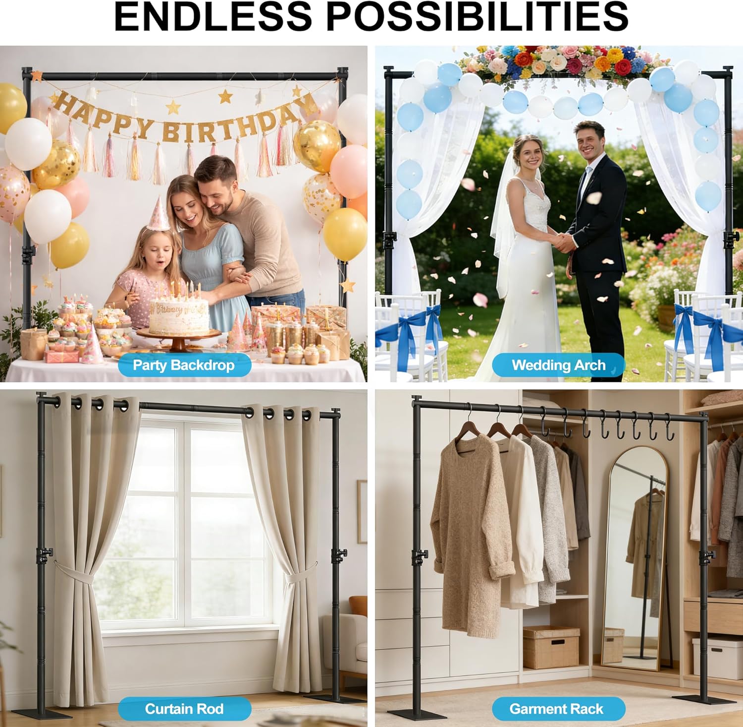 AKTOP Room Divider Curtain Rod, Freestanding No Drilling Privacy Room Separator for Space Partition, 89" H x 91" W Adjustable Heavy Duty Wall Divider Tension Rod for Room Separation with Carrying Bag