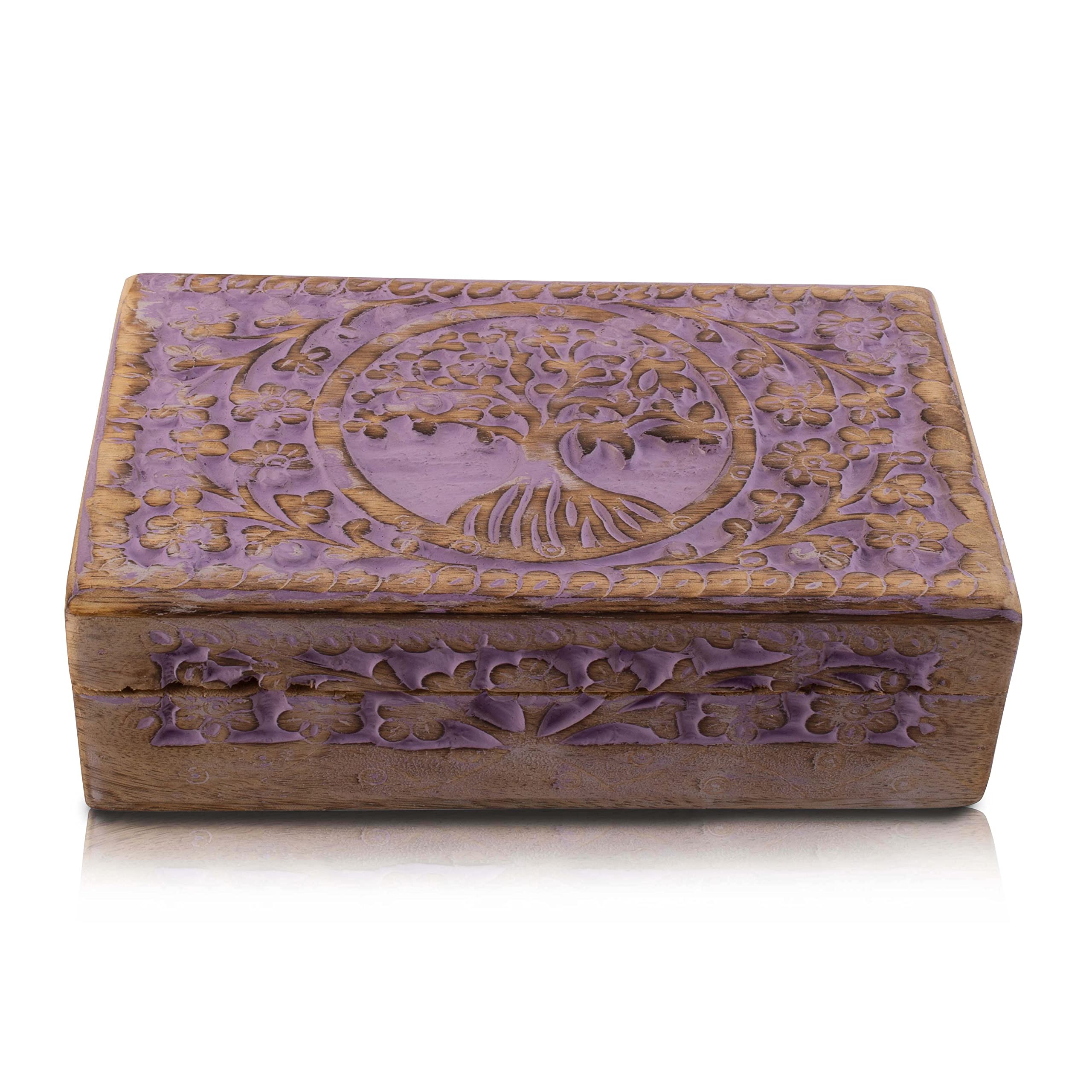Portagioie In Legno Di Mango Intagliato A Mano, Scatola Portaoggetti Rustica Con Simbolo Della Pace, 20x12x6 Cm, Rosa - 3