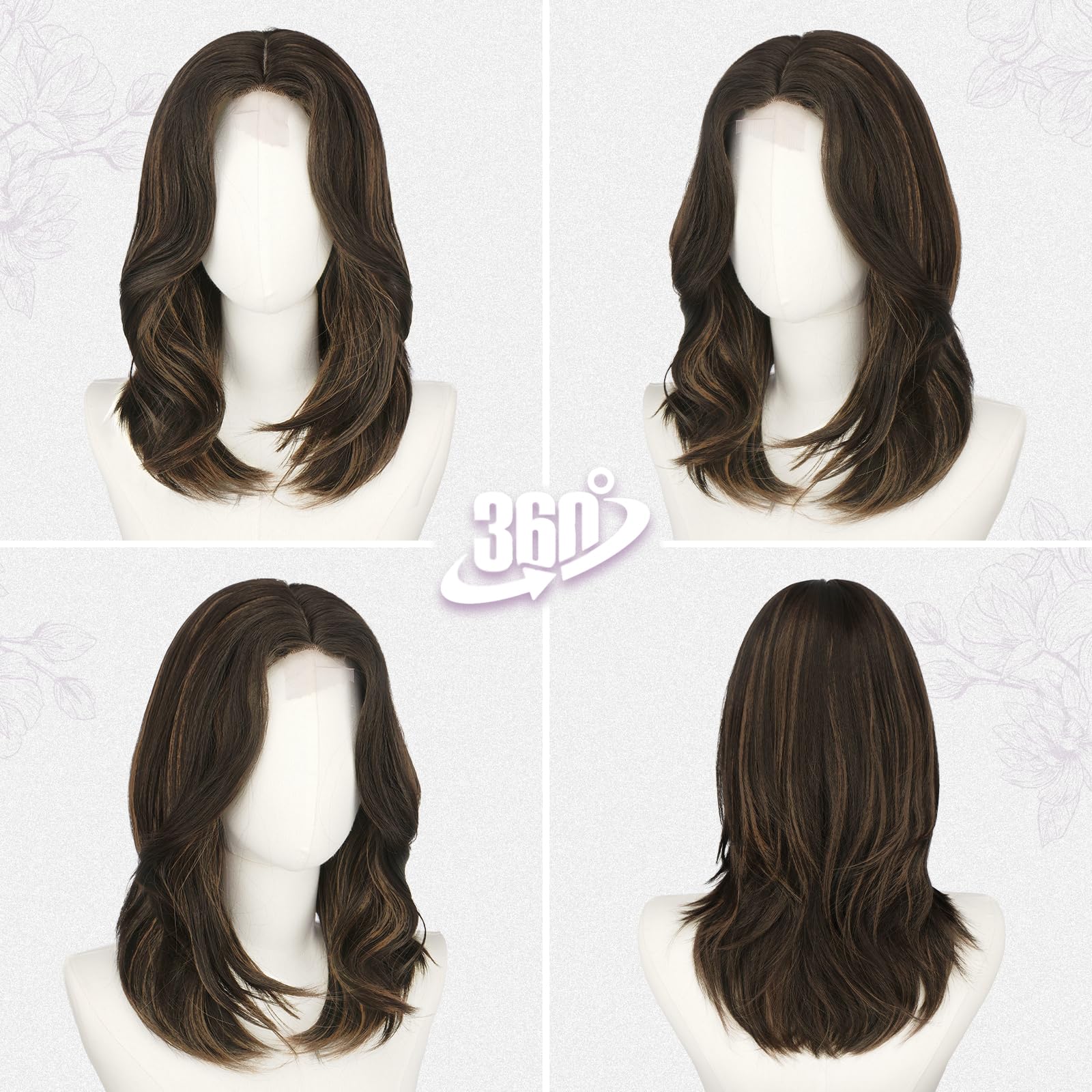 BARSDAR Negro Marrón Highlight Layered Peluca, Shoulder Longitud Liso Layered Pelucas para Mujeres Media Longitud Butterfly Face-Framing Curtain Bangs Peluca Sintética Aspecto Natural Pelucas de Pelo