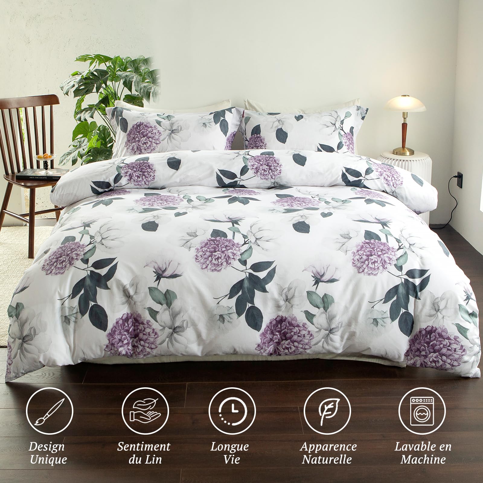 MILDLY Funda de edredón 220x240 de algodón con flores de hortensia violeta, 100% algodón lavado, textura de lino, certificado Oeko-TEX, juego de cama tropical con flores 220x240 de algodón con 2
