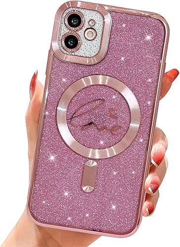 Funda magnética transparente con purpurina para iPhone 11, compatible con Magsafe, diseño de corazón de amor, chapado de lujo, protector completo de