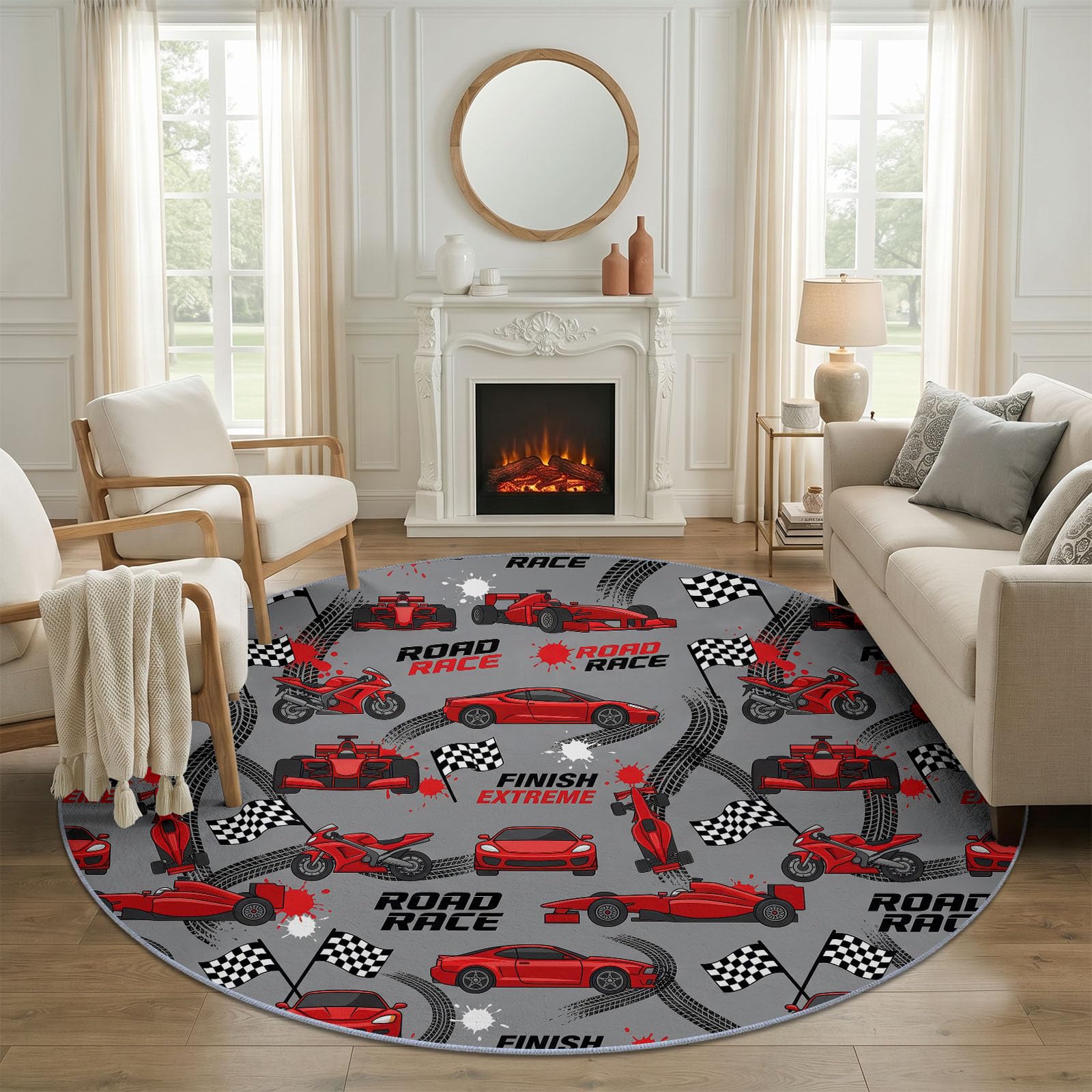 Tapis Rond de Voiture De Course Dessin Animé 150 cm pour Chambre d'enfant