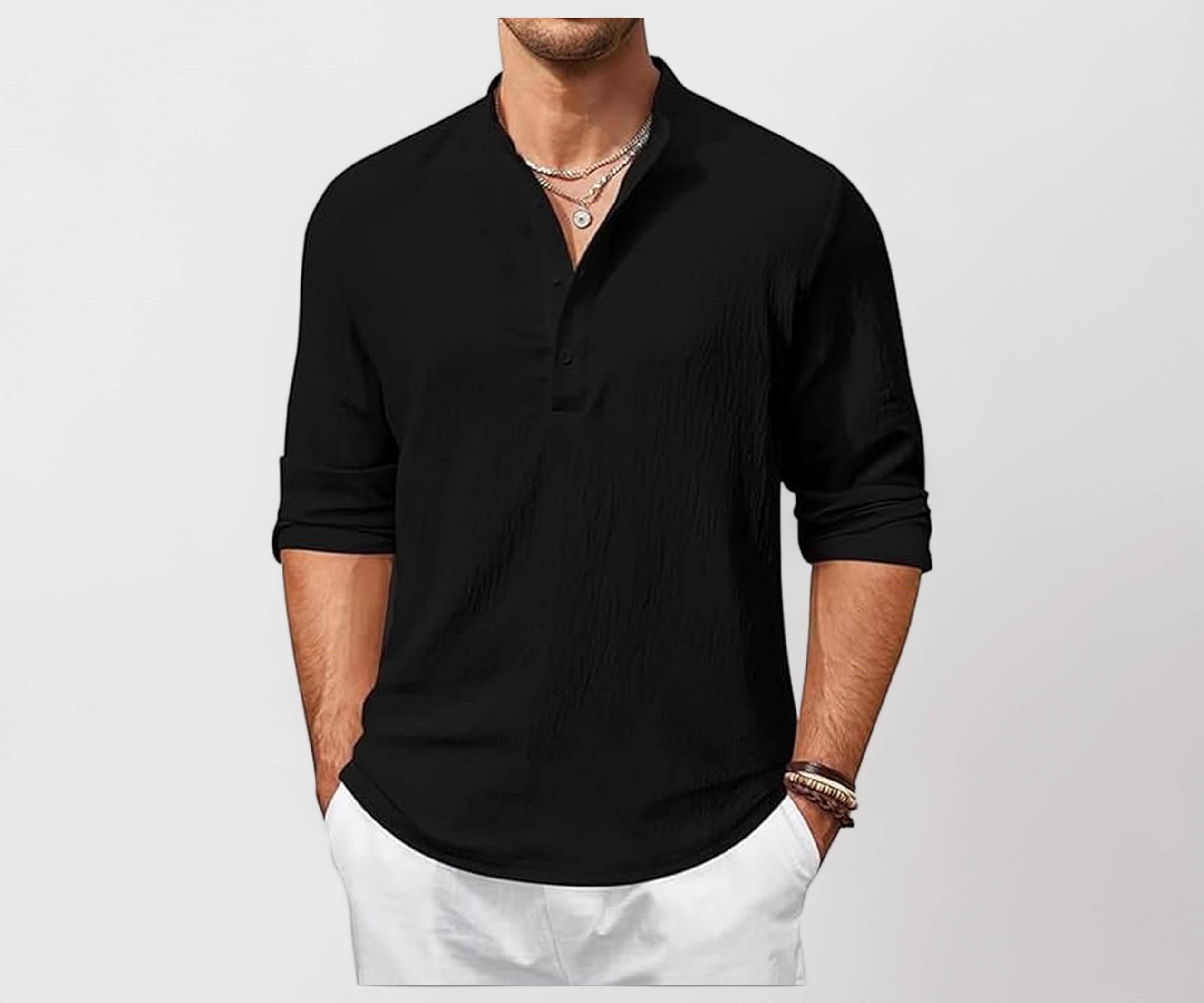 Menโs Cotton Blend Solid Regular Fit Full Sleeve Short Kurtas | Men's Trendy Short Kurta | Ethnic Stylish Casual Lightweight Summer Kurta for Daily and Occasion Use