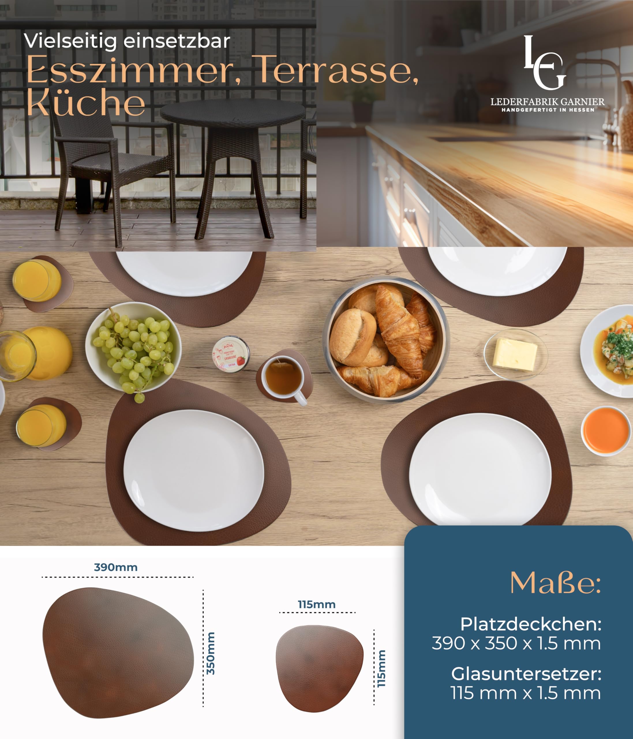 Juego de 4 Manteles Individuales y Posavasos de Piel Reciclada para Decoración Mesa, Estable y Antideslizante, Moderno, 39 x 35 cm, Sostenible, Fabricado en Alemania (Marrón)