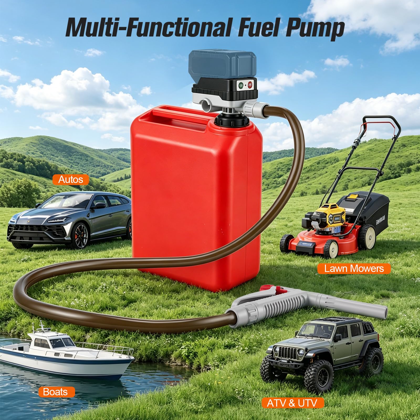 Pompe de transfert de carburant sans fil, haut débit de 15 l/min, compatible avec les batteries 18 V-21 V (non incluses), pompe à huile automatique avec tuyau de 150 cm et 4 pièces, pour