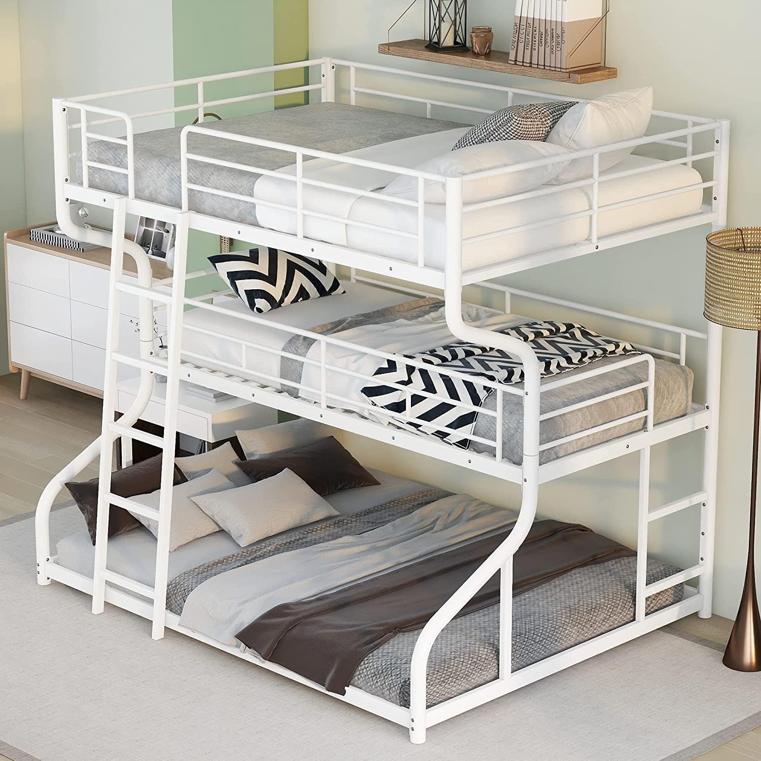 DNYN Full XL Over Twin XL Over Queen Size Triple Bunk Bed for Kids/Teens/Adults Bedroom,Metal Stucture Bedframe w/Safety Guardrail & Ladder,No Box Spring Need & Space Saving Design, White