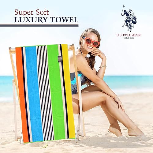 Miniatura 3 de U.S. Polo Assn. Toalla de playa de gran tamaño (40 x 70 pulgadas), diseño náutico a rayas, de lujo, algodón de felpa de calidad de hotel para baño,
