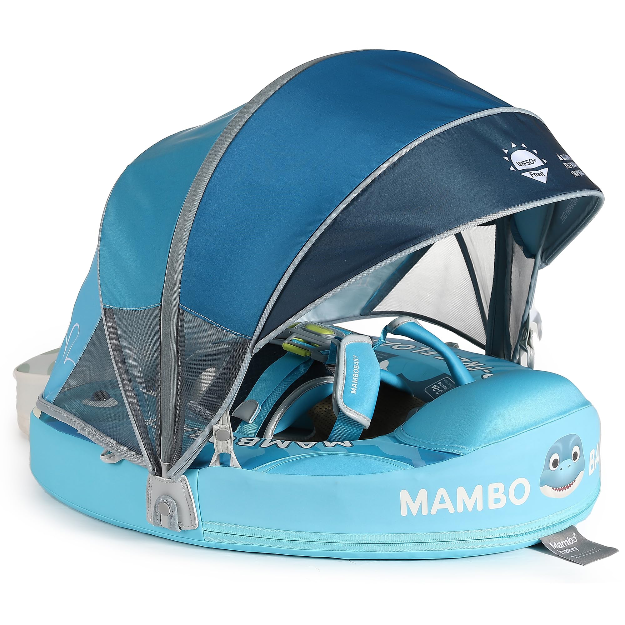 Photo 1 of Mambobaby Float Upgrade Add Tail Baby Float with Canopy for Infant Waist Swimming Ring Swim Trainer Non-Inflatable Floats Toys with Adjustable Safety Strap (Blue - Dinosaur)