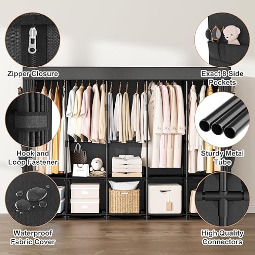 Miniatura 4 de Armario portátil de almacenamiento, armario portátil organizador de clóset con estante para ropa con cubierta, barra colgante, estantes de