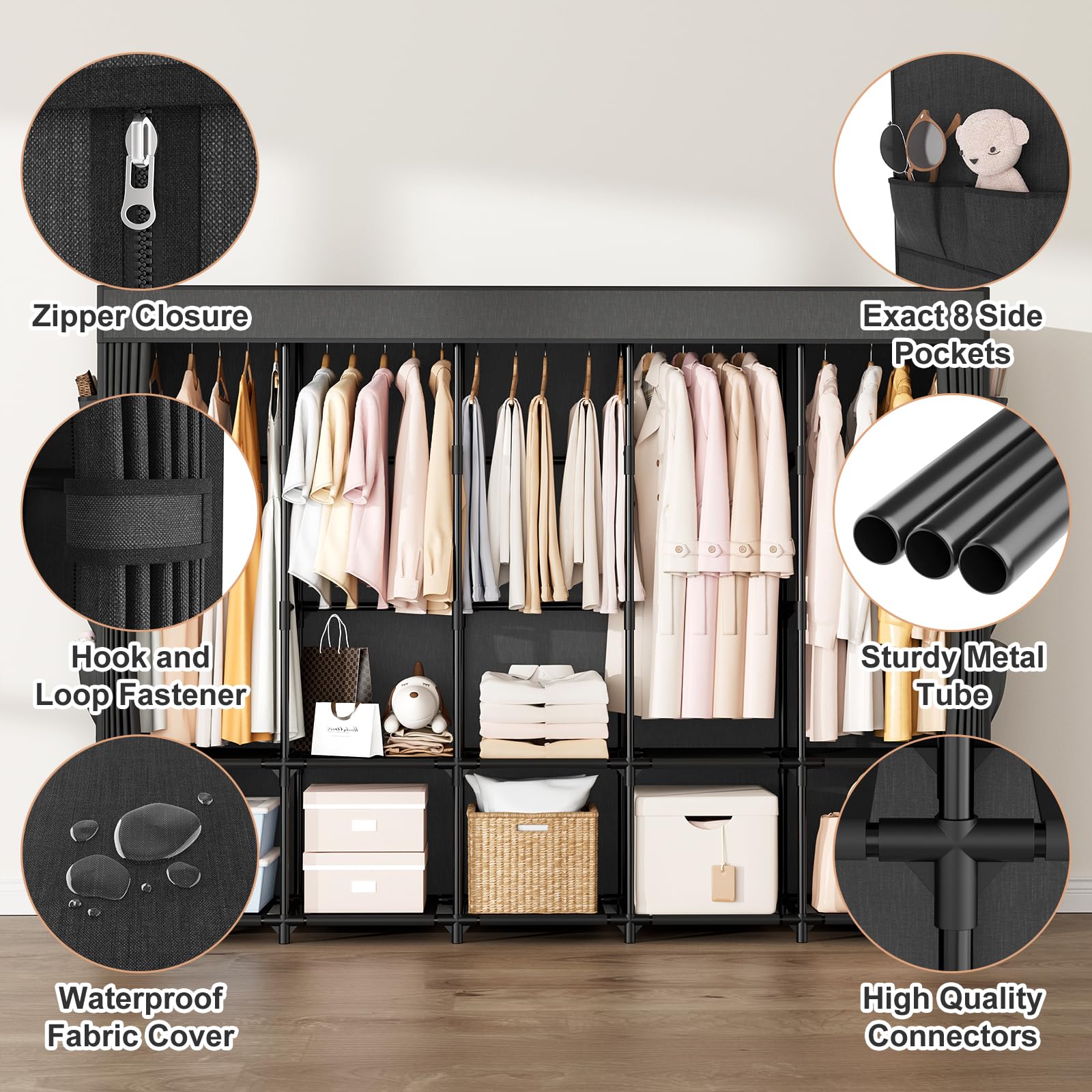 Vicye Armoire Chambre Adulte Tissu, Penderie Vetement Grande Capacité 210 cm Largeur, Dressing Penderie avec Housse, 10 étagères de Rangement et 5 Barres, Garde Robe Adulte Robuste pour Dressing