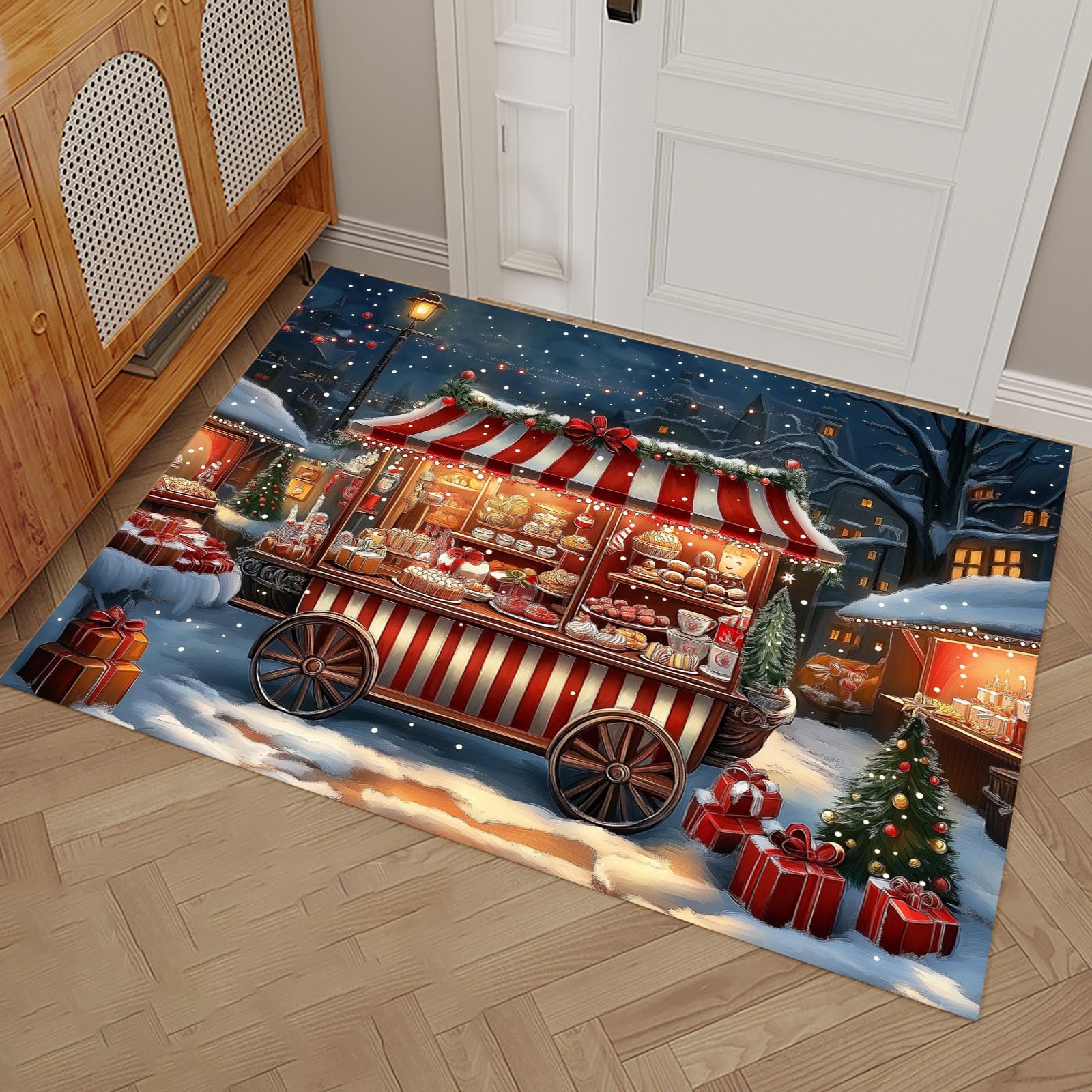 Felpudo de Entrada Casa Cochecito Navideño 60x120cm Alfombra Exterior para Puerta Impermeable, Lavabl Alfombrilla Comida Navideña Antideslizante para Recibidor, Pasillo, Cocina - Rojo