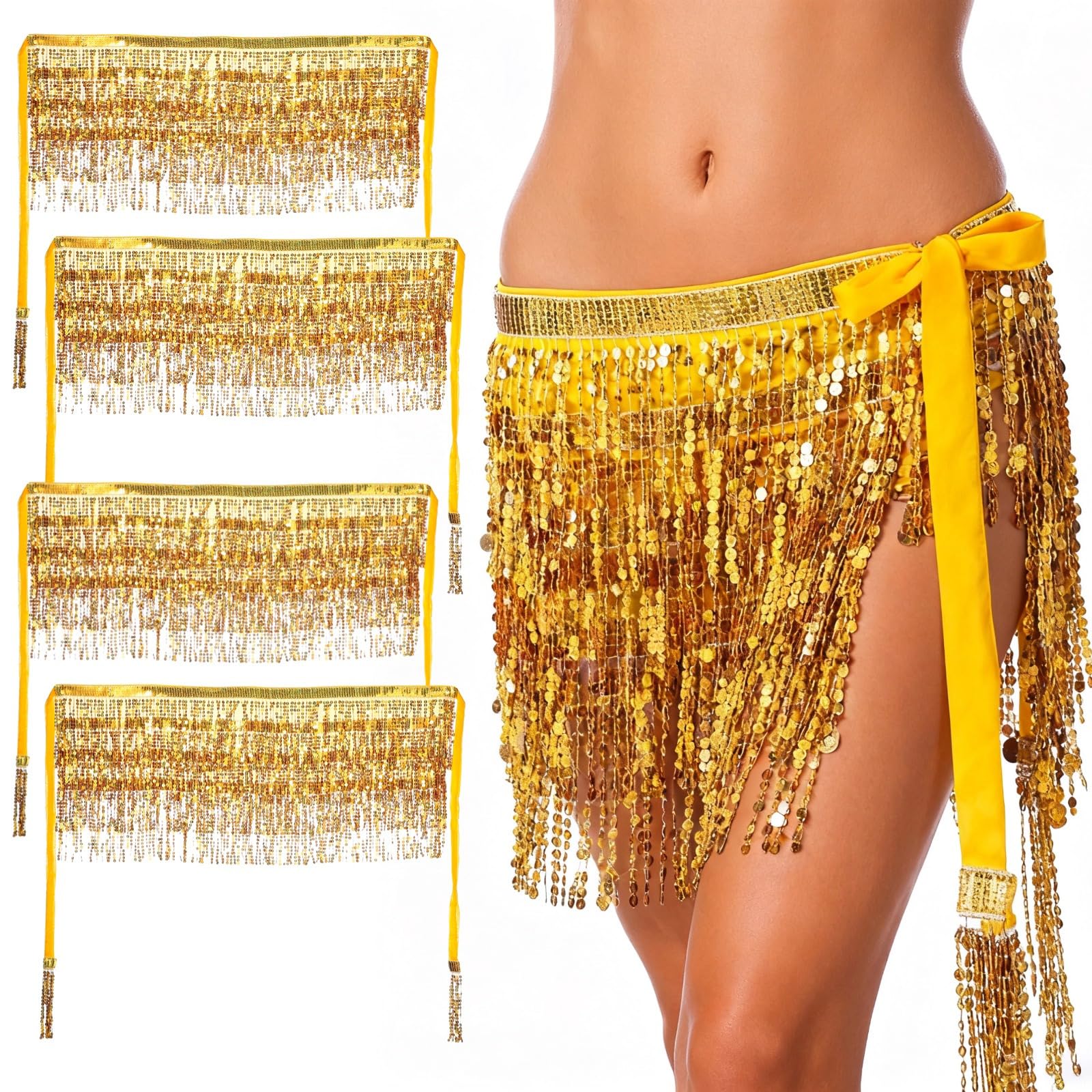 SWEWARM 4 Pcs Sequin Tassel Skirt Wrap, Golden Belly Dance Hip Scarf with 4-Layer Sequin Fringe, Sparkling Fringe Wrap with Breathable Mesh Lining for Party, Stage Costume, Festival, Performance