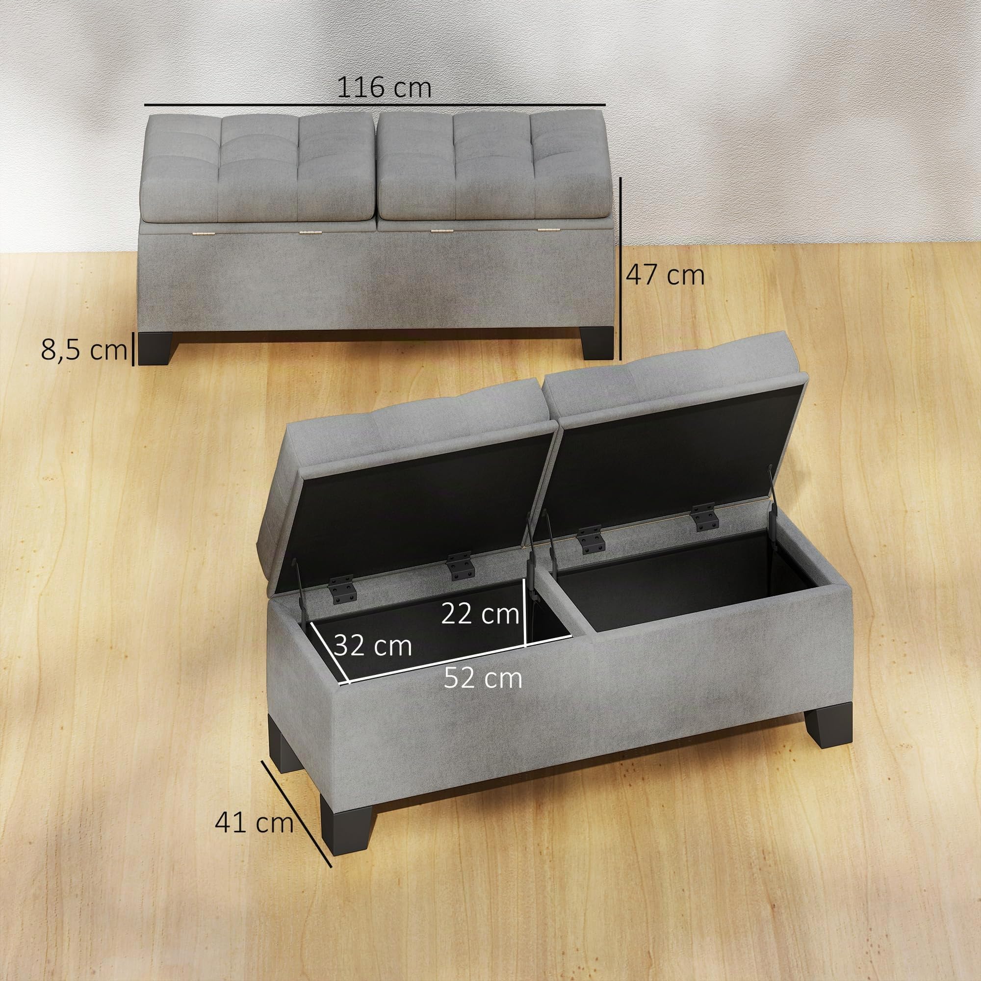 HOMCOM Sitzbank mit Stauraum Polsterbank bis 180kg 116x41x47 cm Grau | Gepolsterte Aufbewahrungsbox, Für Flur, Schlafzimmer, Wohnzimmer