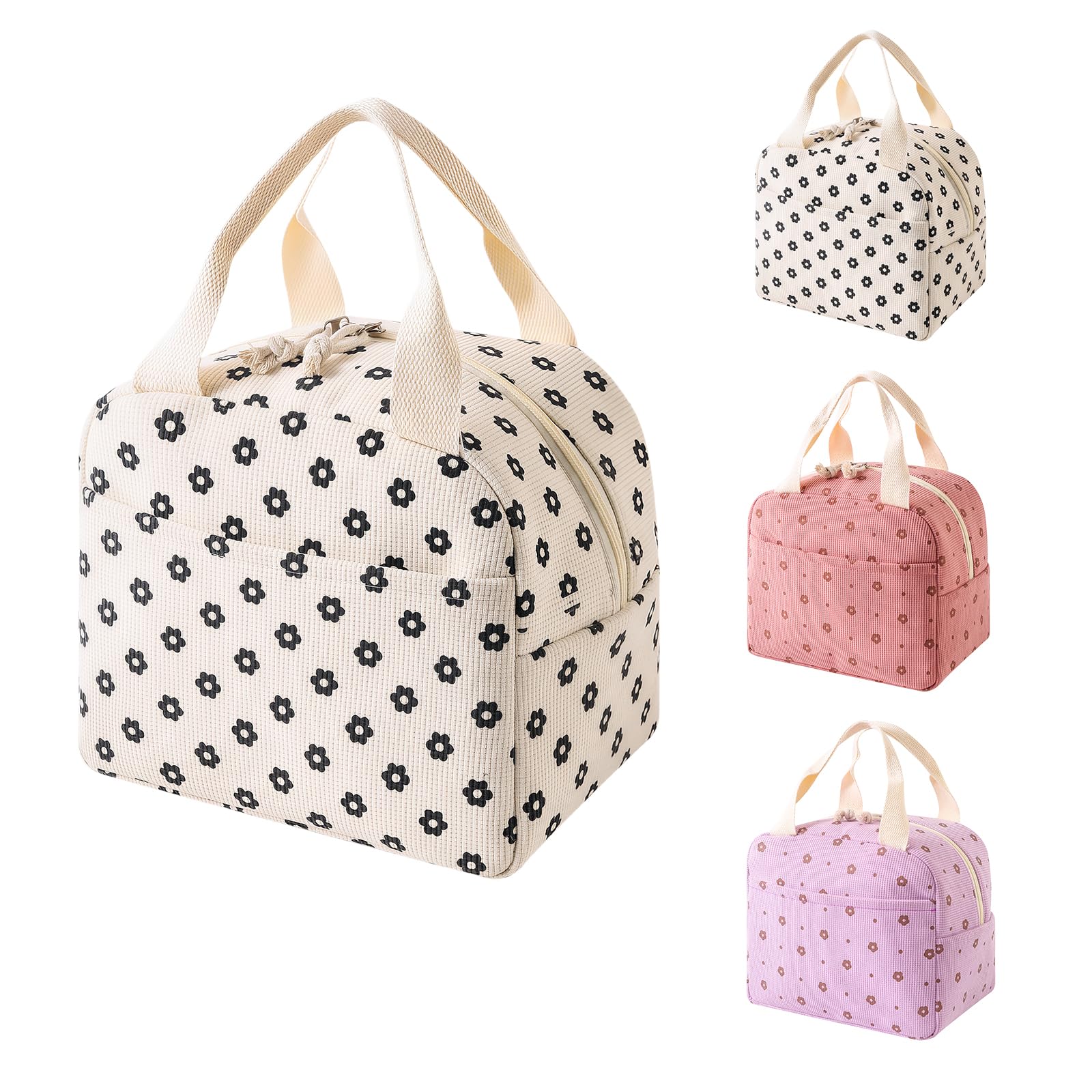 Large Capacity Corduroy Insulated Lunch Bag for Adults Kids, Thermal Tote for Work School Picnic, Leak Proof Cooler Bag with Handle, Cute Floral Print Lunch Box