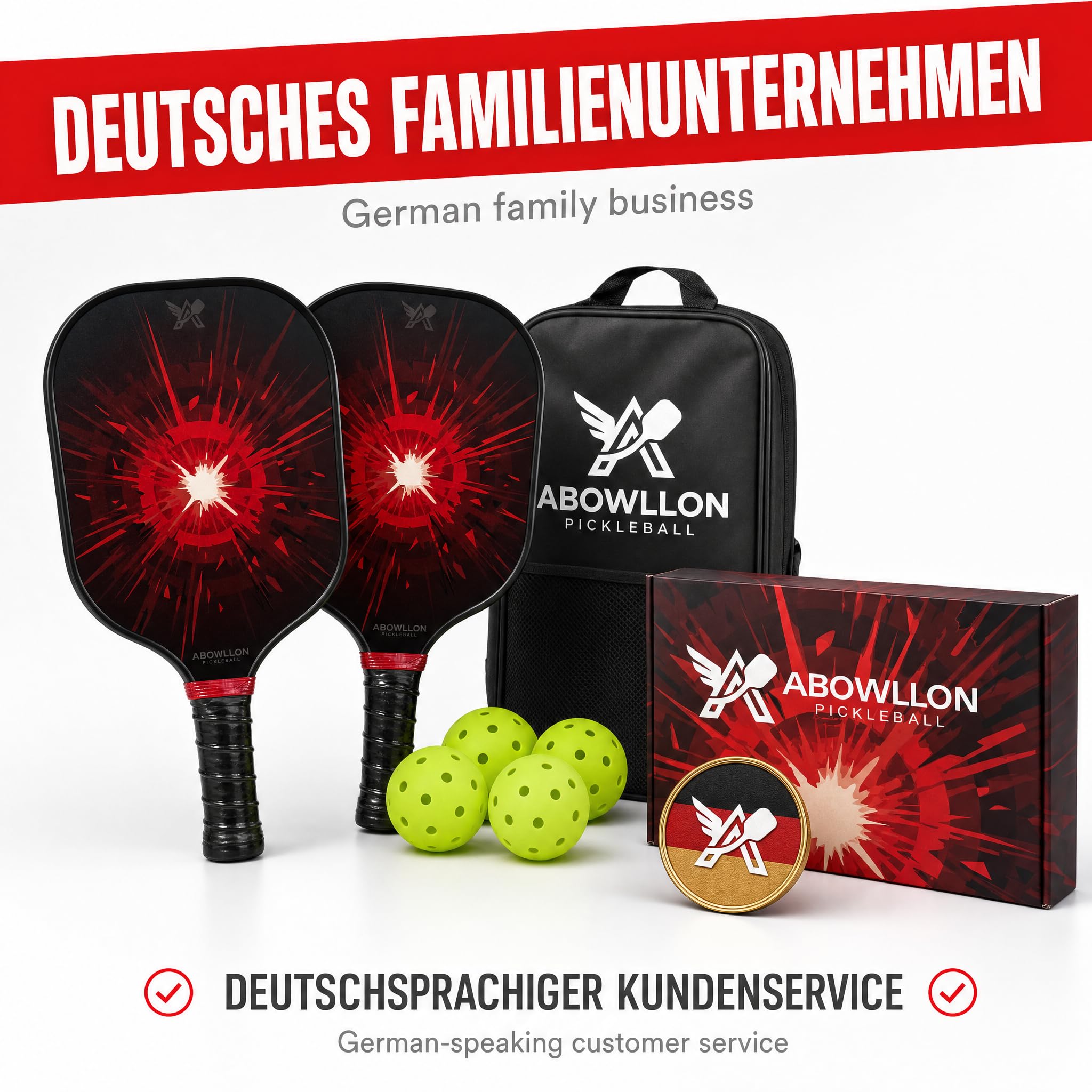 Blaze Pickleball Set - 2 raquettes de pickleball + 4 balles USAPA + sac - Pagaie en fibre de verre - Kit complet pour débutants et confirmés (rouge/noir)