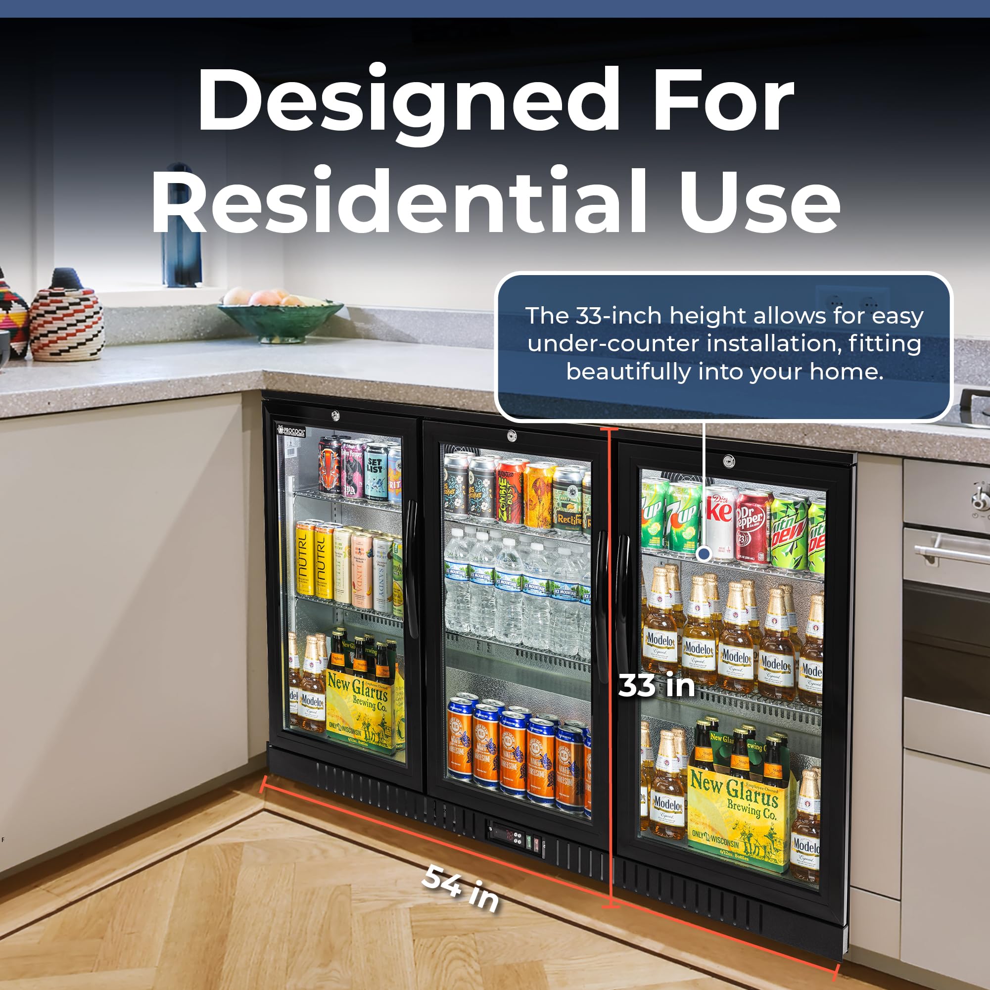 Procool 3-Door Undercounter Refrigerator - 33” Tall Energy Efficient Black Beverage Cooler With Glass Doors & White LED Lights - Residential Beverage Refrigerator For Entertaining Spaces & Home Bars on Fridge.com