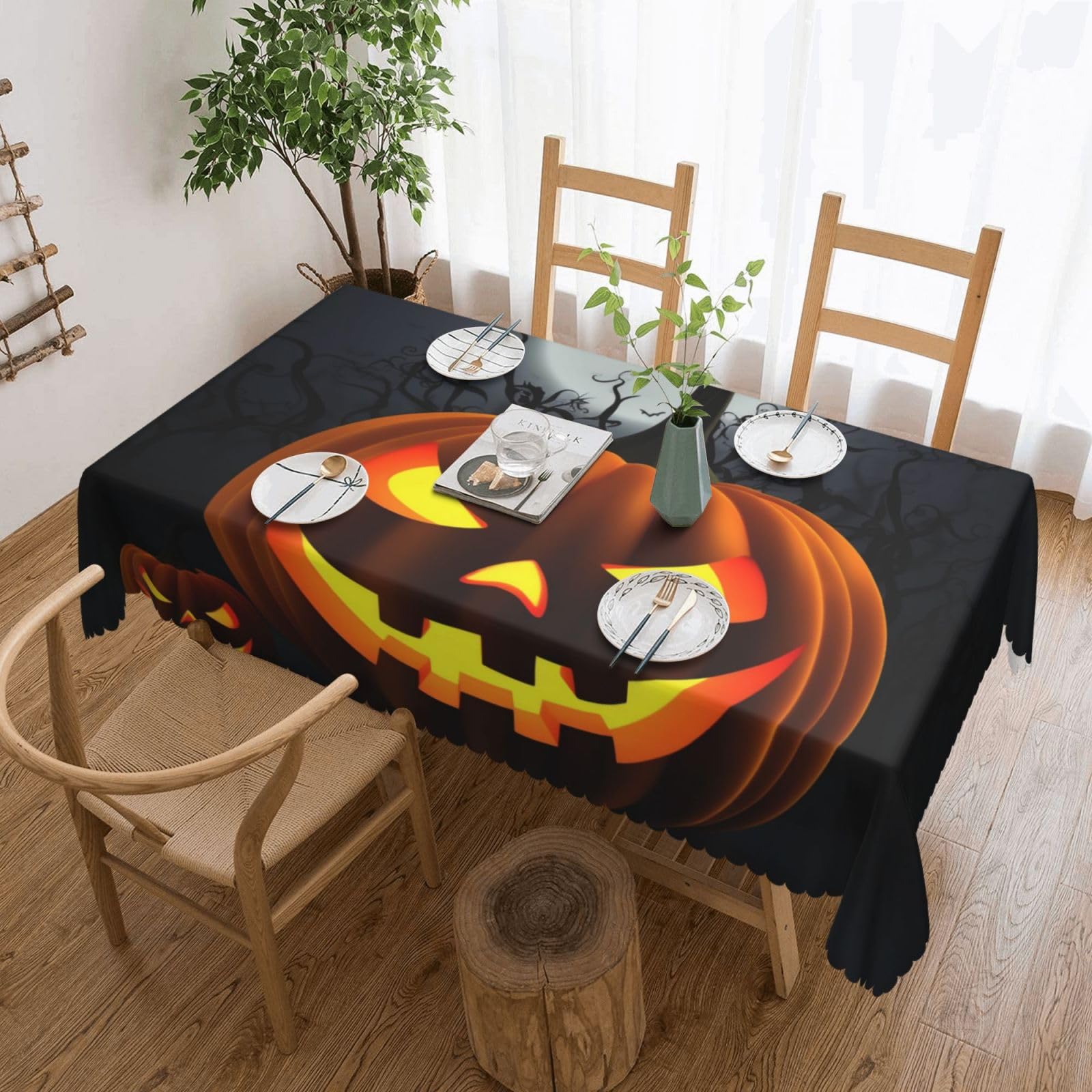 WPKJU Pumpkin Halloween Printed Rectangle Tablecloth 72x54 Inch with Lace Trim, Water-Resistant Washable Table Cover for Farmhouse Weddings, Outdoor Picnics & Holiday Dining