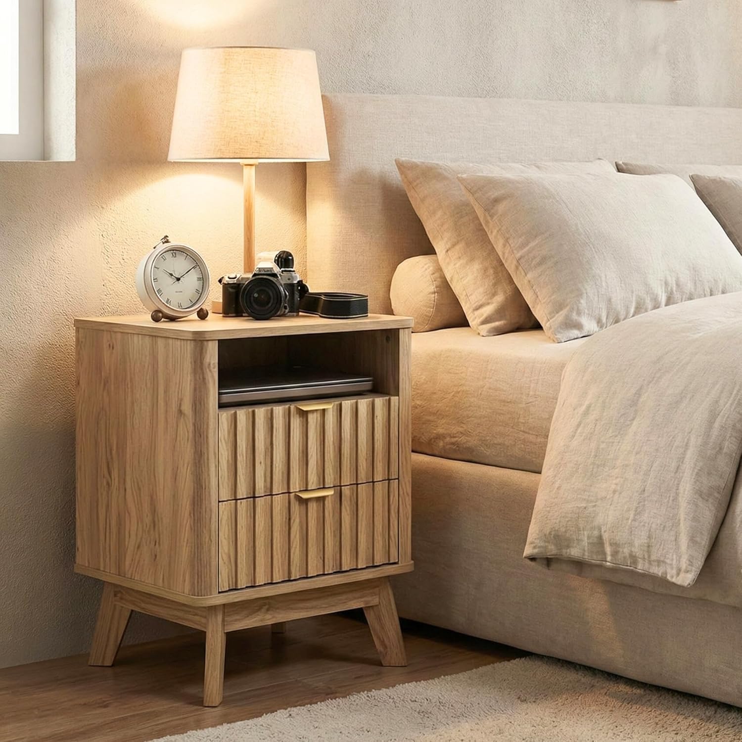 ELISA HOME Lush Fluted 2 Drawer Nightstand, Bedside Table with Storage Drawers, Night Stand for Bedroom, End Table or Side Table for Living Room, 15.7" D x 18.9" W x 24" H, Oak