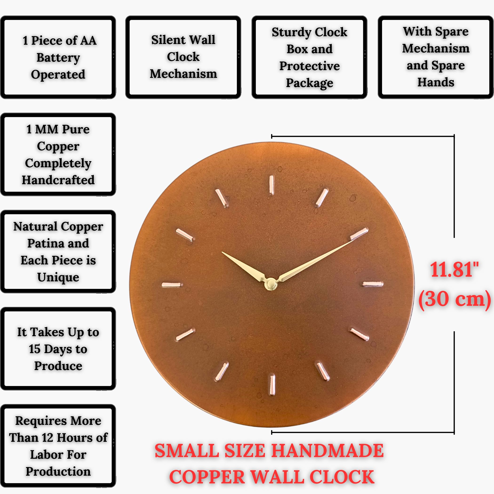Piccolo orologio da parete con patina arrugginita, in vero rame, rustico, senza ticchettio, funzionamento a batteria, per soggiorno, cucina, camera da letto, ufficio (lancette color oro)