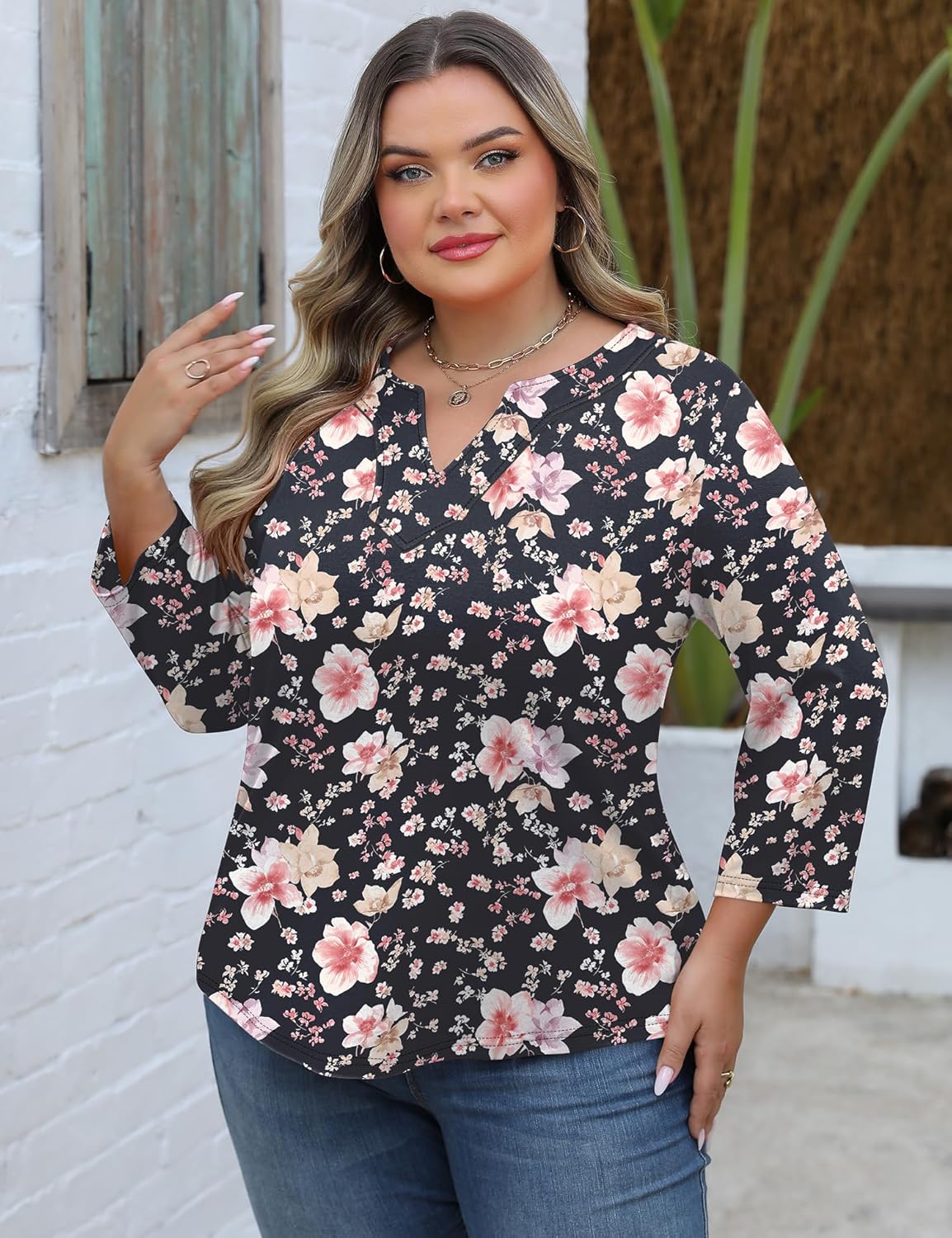 Romanstii Womens Plus Size Tops Casual 3/4 Sleeve V Neck T Shirt Loose Fit Tunic Blouse 1X-5X - Image 2