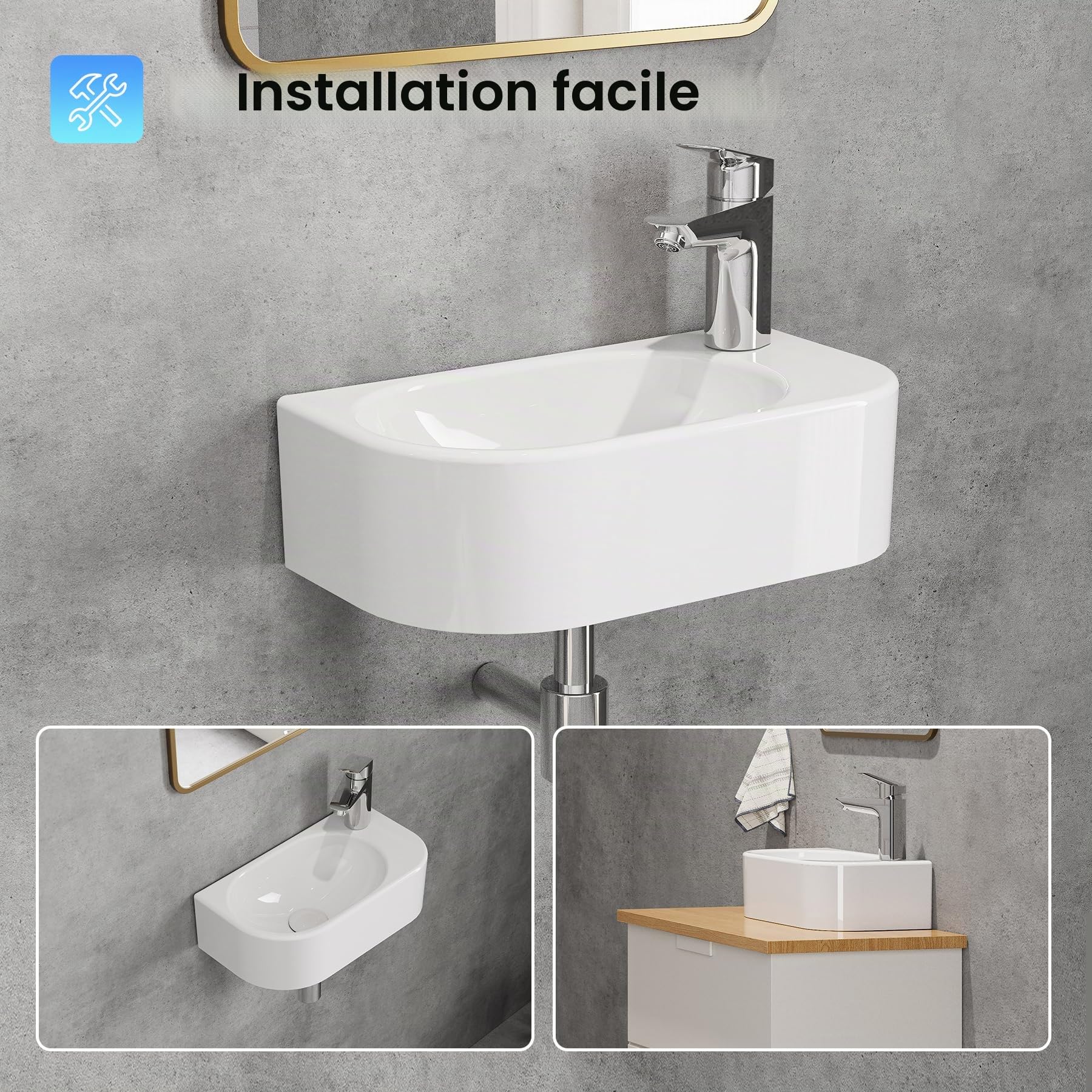 HOROW Lavabo d'angle ovale - Montage mural - Salle de bain - WC | Petit lavabo à main 40 cm blanc en céramique avec trou de robinet à droite, sans trop-plein