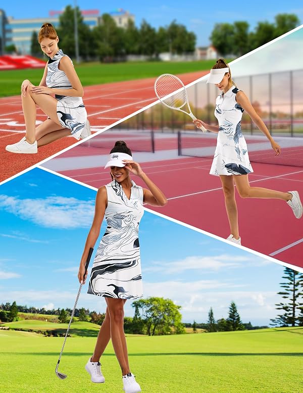 FKEEP Women's Tennis Golf Dresses Zipper V-Neck Sport Activewear with Shorts and Pocket Workout Athletic (Ink Flowers, M) by FKEEP - Image 6