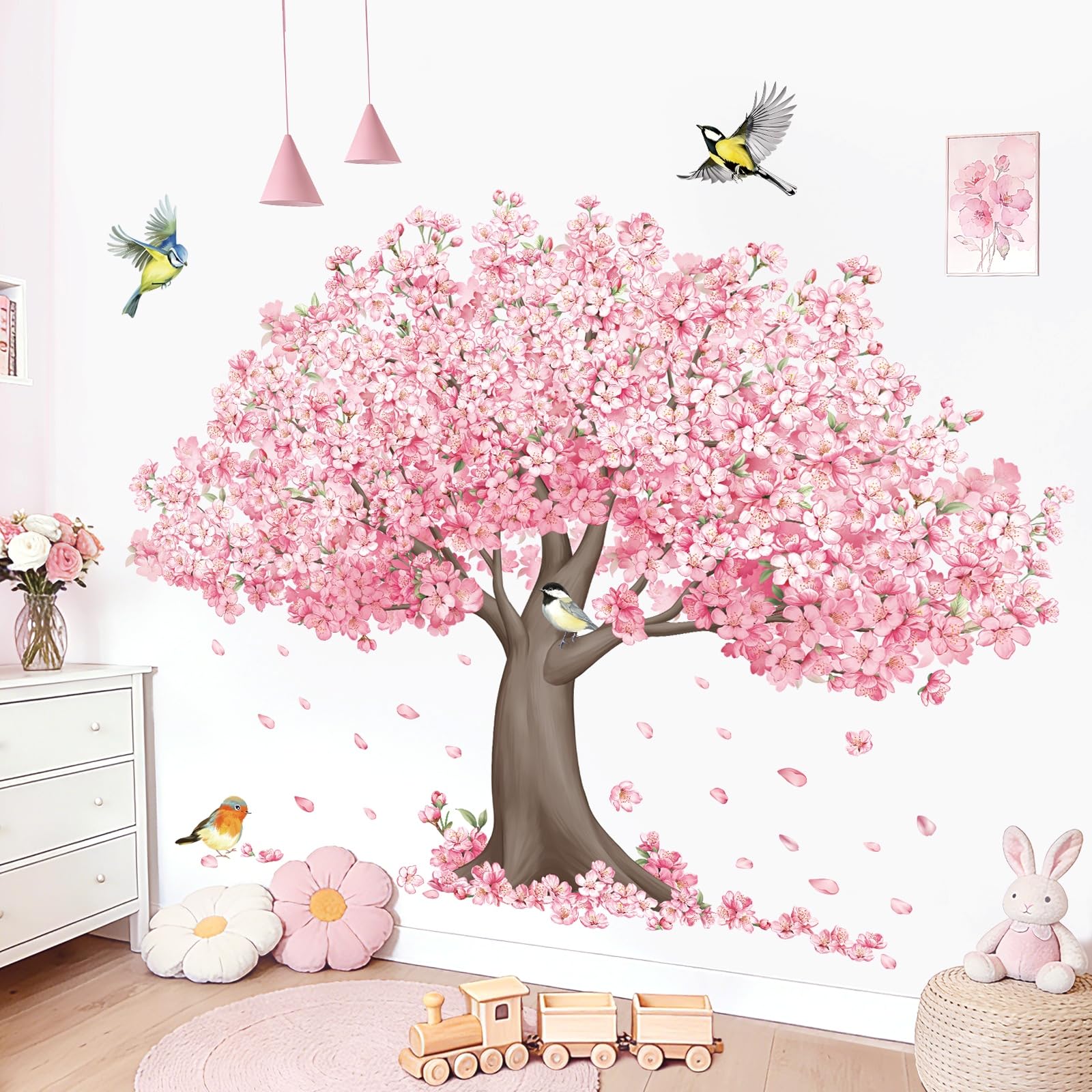 decalmile Stickers Muraux Grand Arbre Fleurs de Cerisier Autocollant Mural Floral Rose Oiseaux Décoration Murale Bébé Fille Chambre Enfants Pépinière - 3