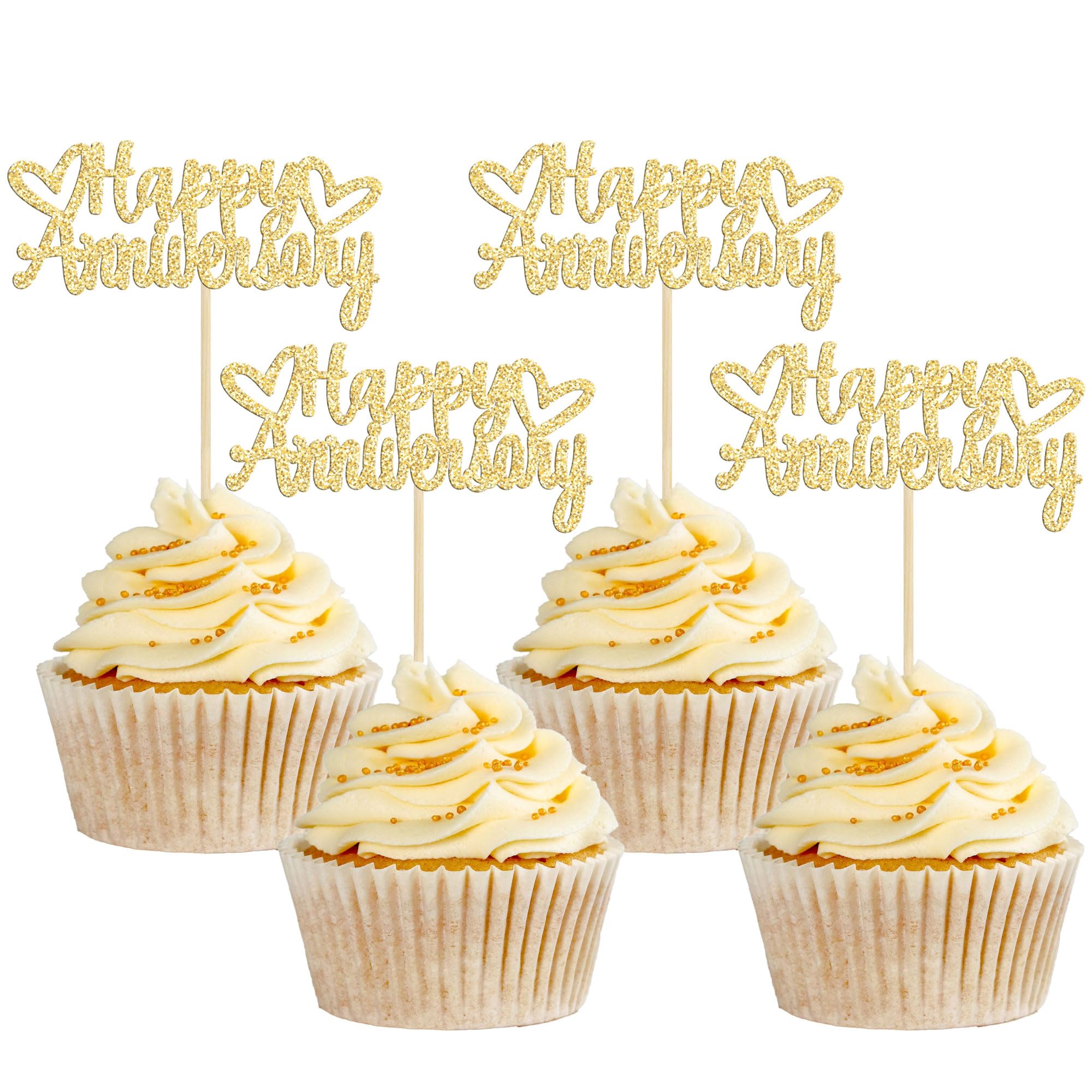 Gyufise 24 Pack Gold Glitter Cupcake Toppers for Cake Decoration & Party Supplies