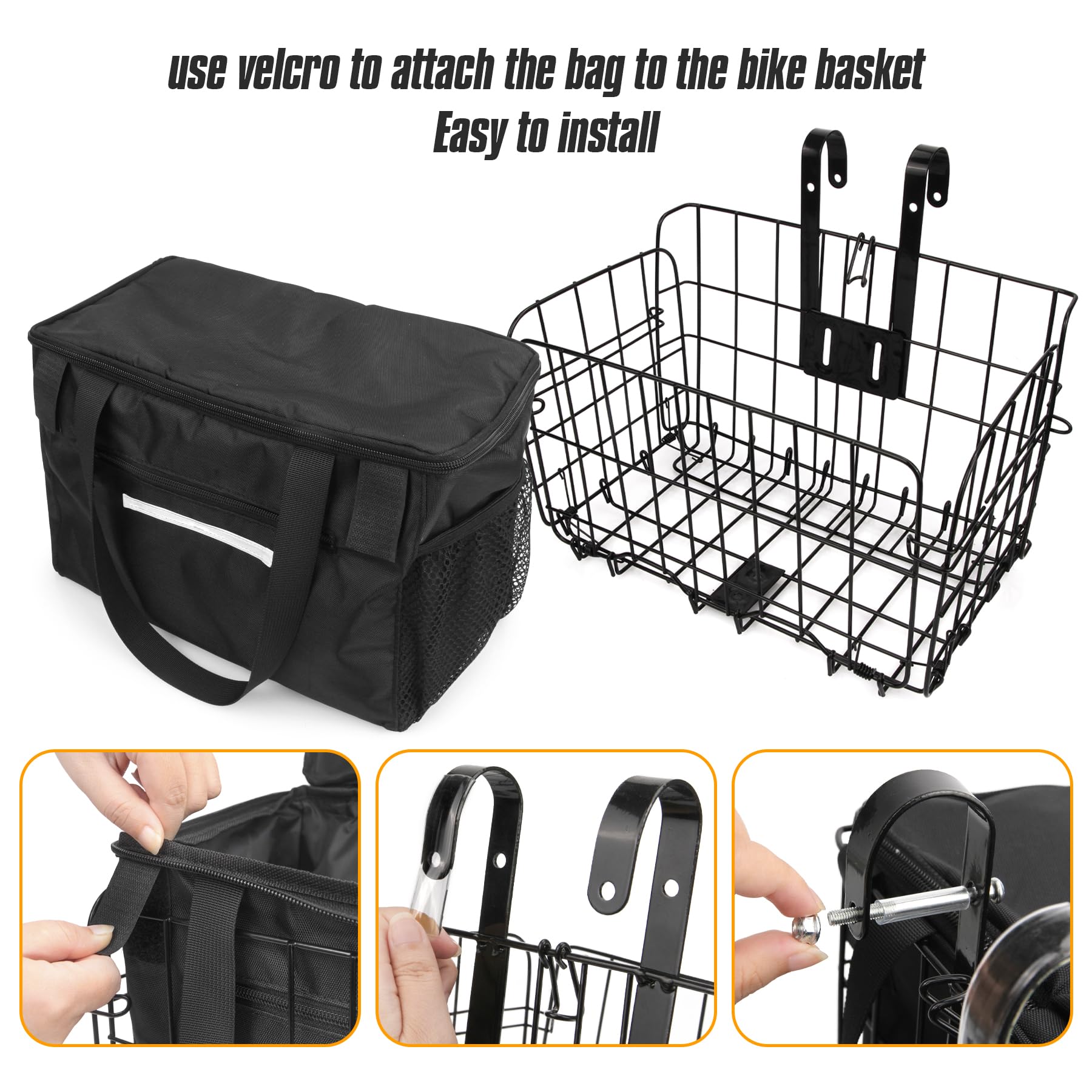 Spesh Foldable Bicycle Basket Steel Wire Bike Basket with Black Liner Bag Quick Release Design Bicycle Cargo for Carrying Grocery
