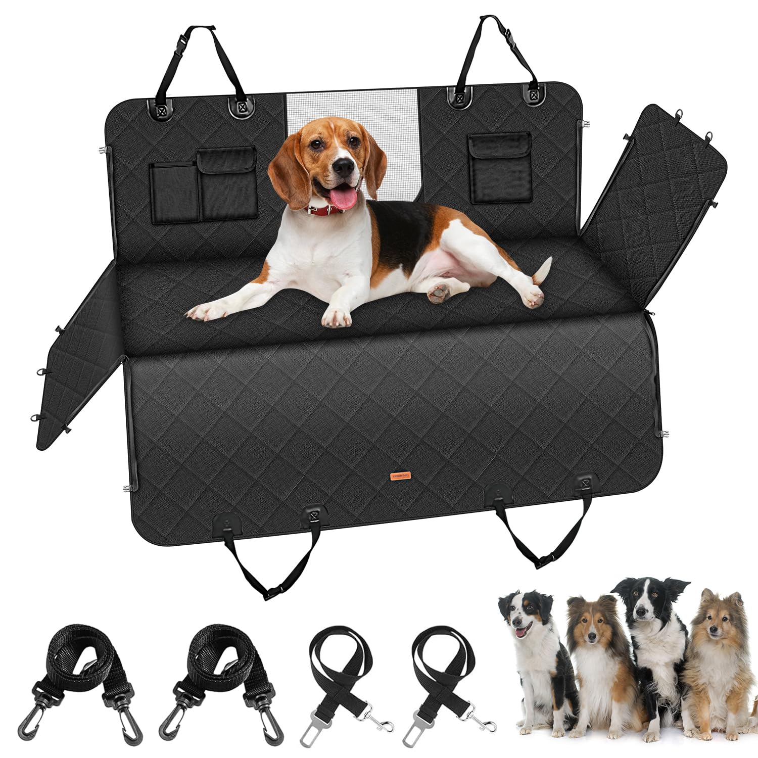 Looxmeer Funda Coche Perro Protector Asiento Trasero Coche Mascotas Impermeable Antideslizante Anti-Pelo Cubierta con Malla Visible Cinturón de Seguridad, Universal Transportar Viajar, Negro