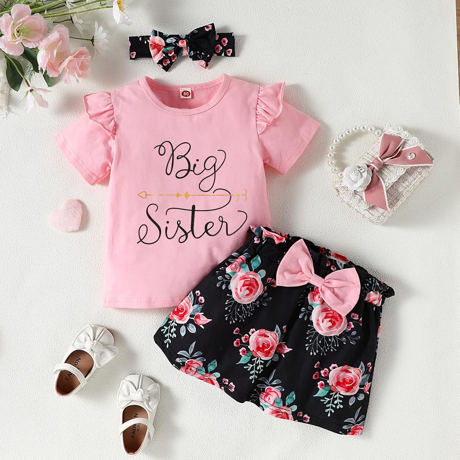 AMAWMW Big Sister Little Sister Matching Outfits Romper/Shirt+Shorts/Skirt+Headband Toddler Baby Girl Summer Clothes