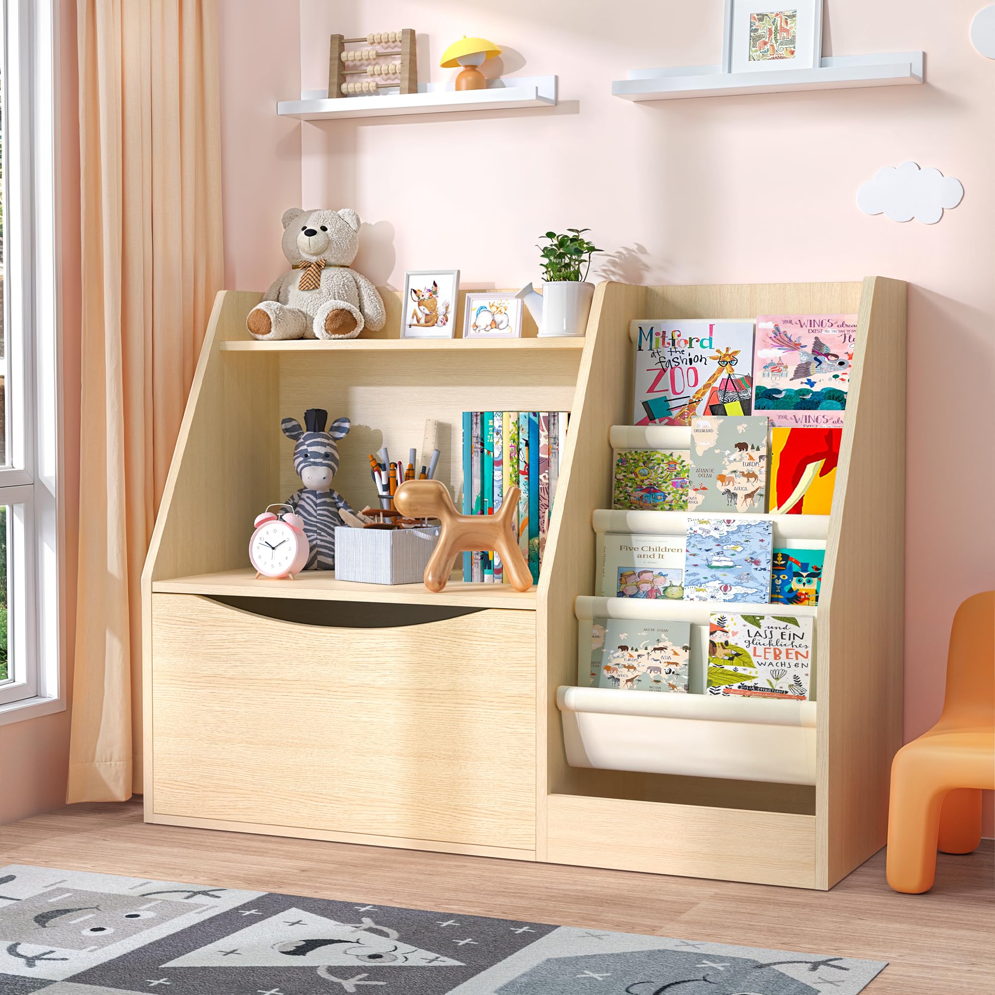 TOETOL 2 Tier Kids Bookshelf and Book Storage?4 Sling Toddler Bookshelf, Storage Boxes Book Shelf & Organizer for Nursery Playroom Classroom Library Bedroom Natural Wood