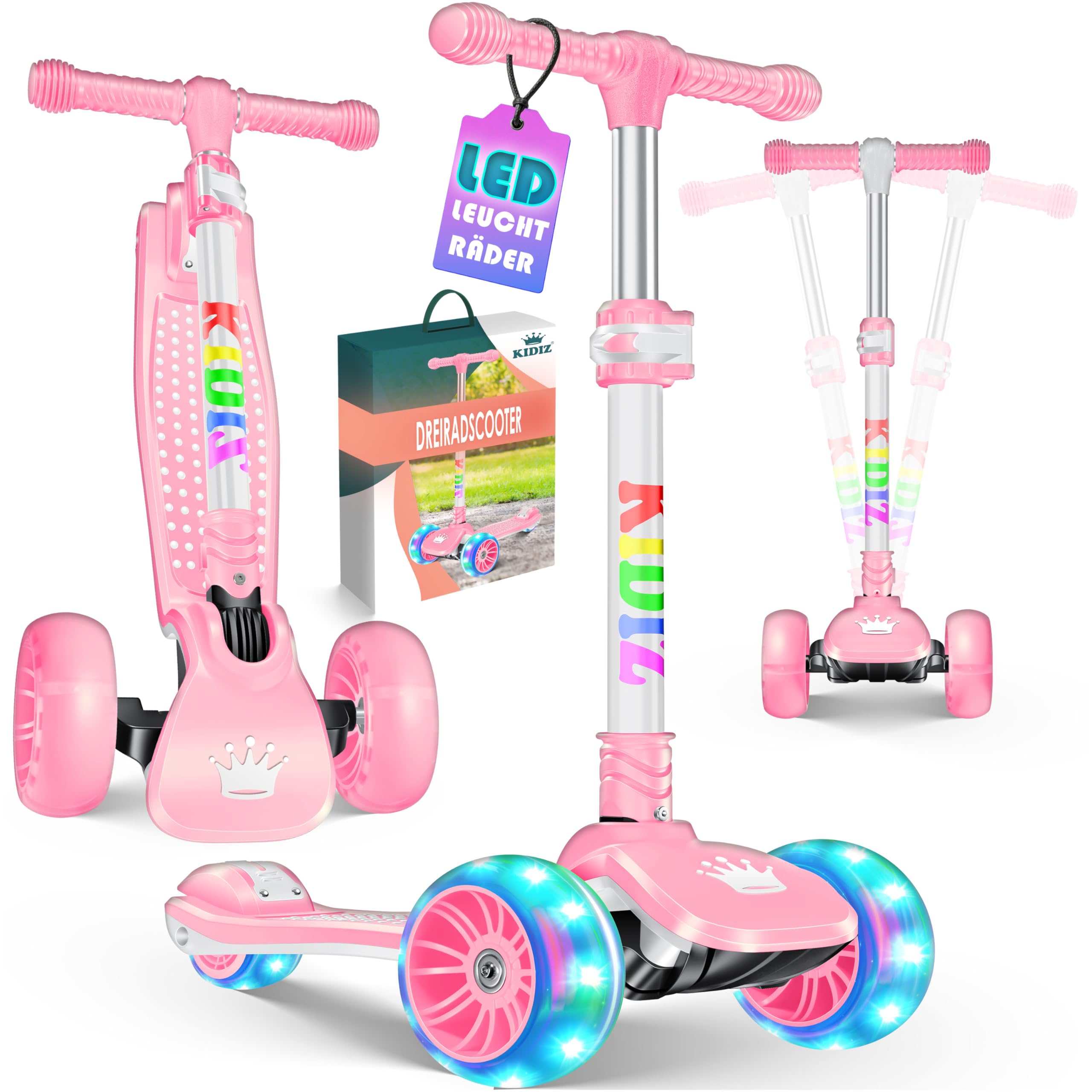 KIDIZ® Scooter Scooter per bambini X-Pro2 Triciclo Scooter con ruote luminose a LED in PU Scooter a pedali pieghevole Scooter da città regolabile in altezza Scooter per bambini ragazze 3-12 anni