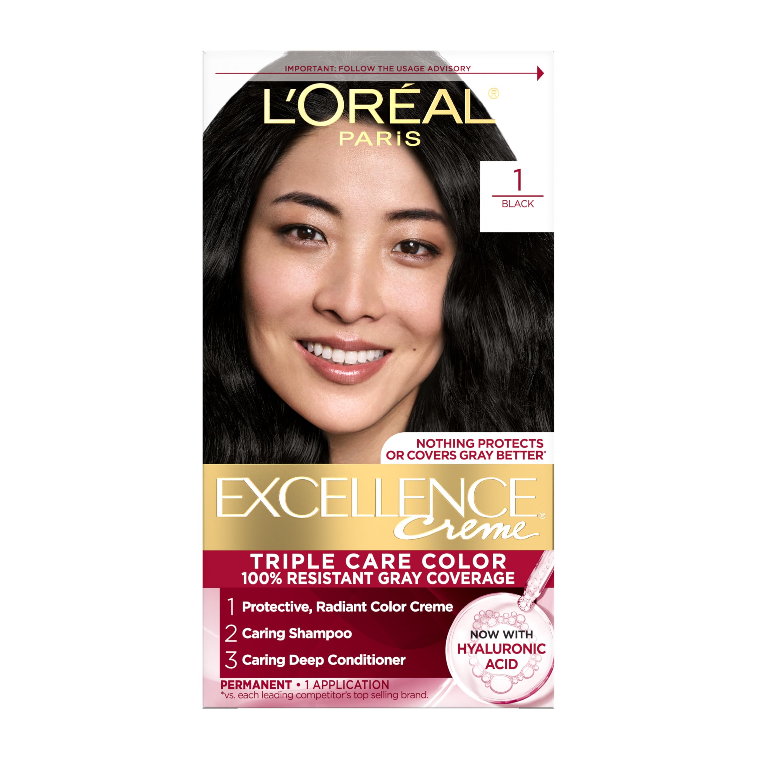 L’Oréal Paris L'Oreal Excellence Creme Permanent Triple Care Hair Color, 1 Black, Gray Coverage For Up to 8 Weeks, All Hair Types, Pack of 1