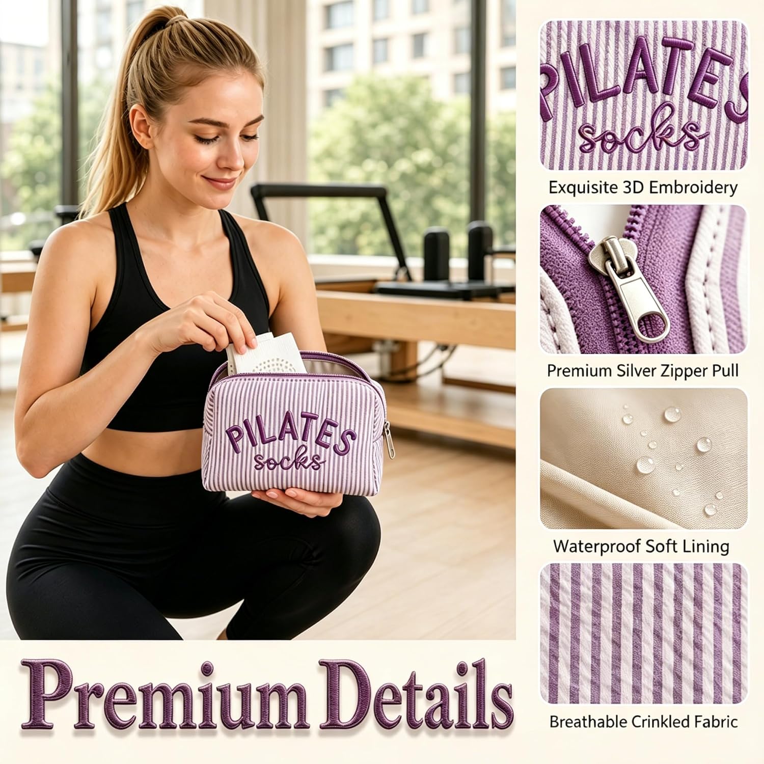 Pilates Grip Socks Bag for Women Travel Cosmetic Gym Pouch Gift for Pilates Instructor Yoga Studio Lovers image 2